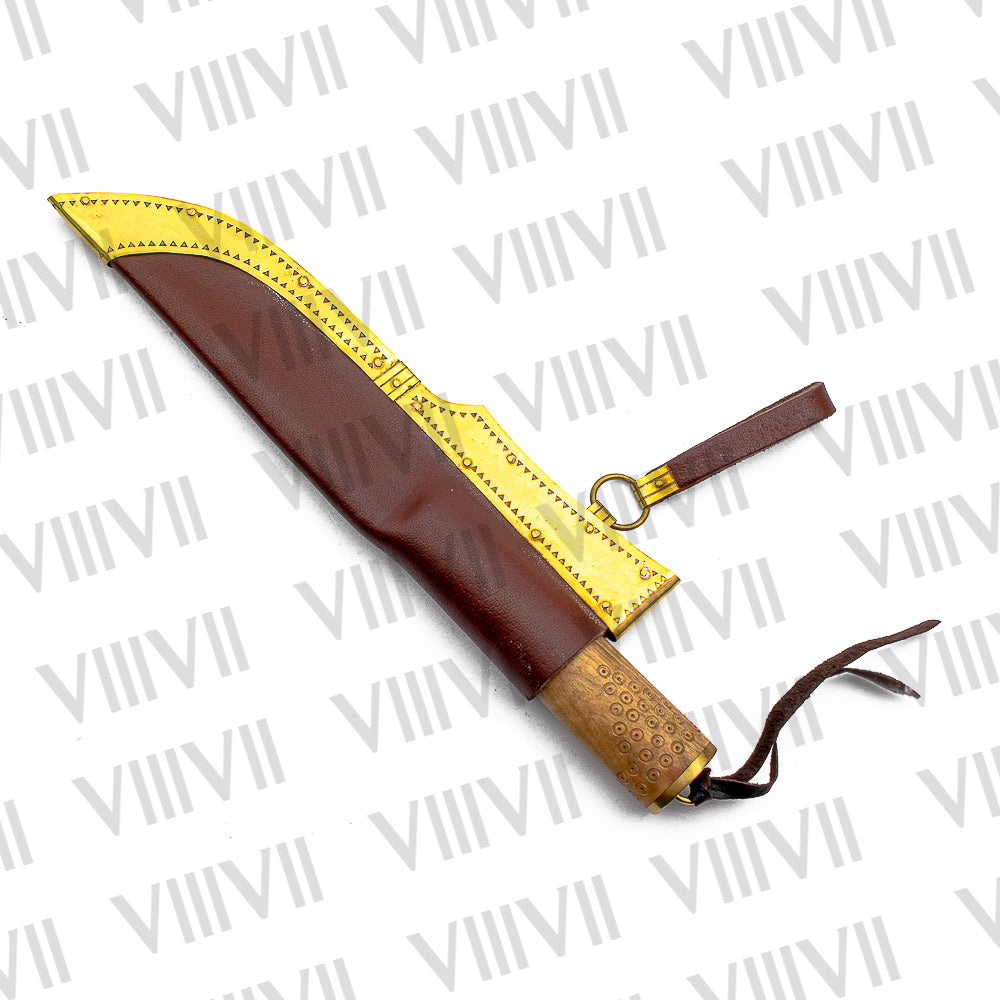 Viking Knife with Forged Stainless Steel Blade | Engraved Olive Wood Handle & Brass-Decorated Leather Sheath