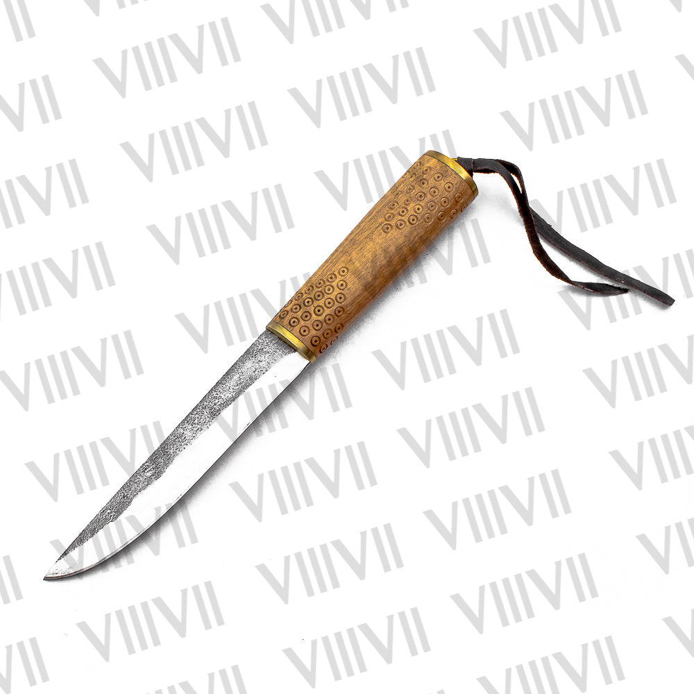 Viking Knife with Forged Stainless Steel Blade | Engraved Olive Wood Handle & Brass-Decorated Leather Sheath