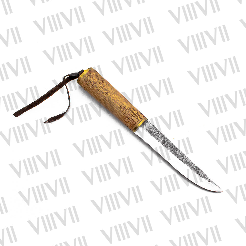 Viking Knife with Forged Stainless Steel Blade | Engraved Olive Wood Handle & Brass-Decorated Leather Sheath