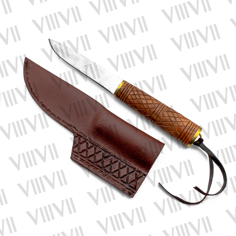 Viking Reenactment Knife with Hand-Carved Rosewood Handle | LARP & Renaissance Leather Sheath Knife