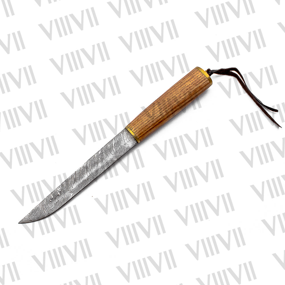 Damascus Viking Knife with Olive Wood Handle | Decorative Brass Leather Sheath for LARP & Reenactment