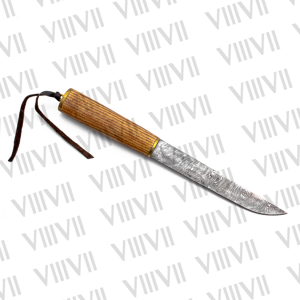 Damascus Viking Knife with Olive Wood Handle | Decorative Brass Leather Sheath for LARP & Reenactment