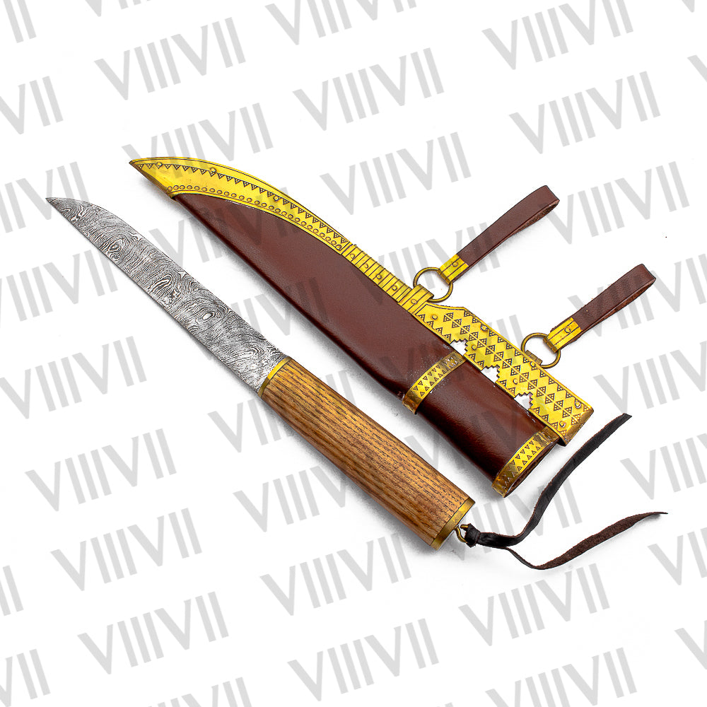 Damascus Viking Knife with Olive Wood Handle | Decorative Brass Leather Sheath for LARP & Reenactment