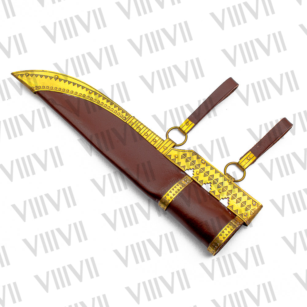 Damascus Viking Knife with Olive Wood Handle | Decorative Brass Leather Sheath for LARP & Reenactment