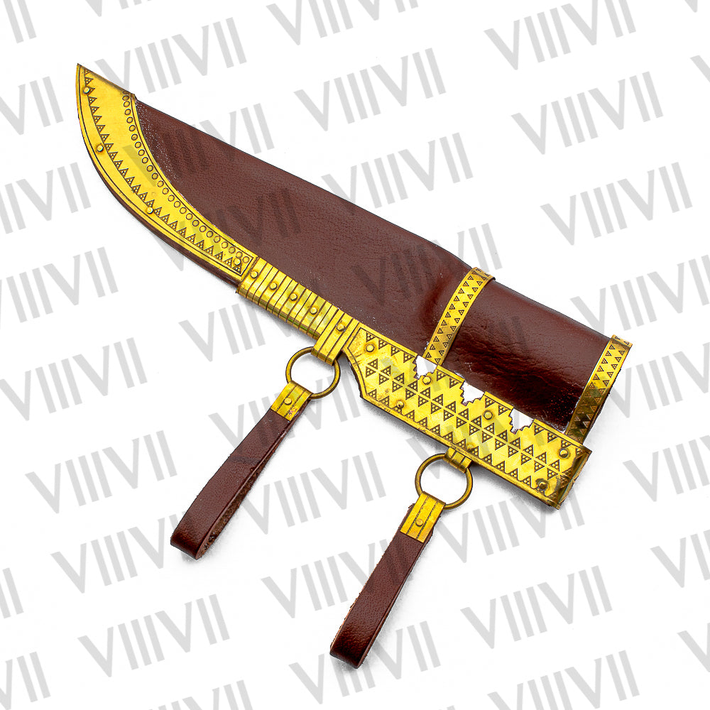 Damascus Viking Knife with Olive Wood Handle | Decorative Brass Leather Sheath for LARP & Reenactment