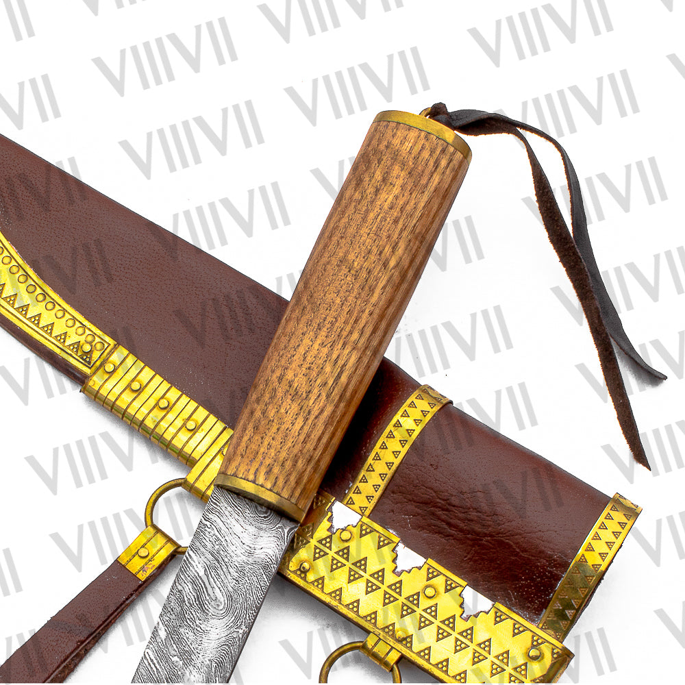 Damascus Viking Knife with Olive Wood Handle | Decorative Brass Leather Sheath for LARP & Reenactment
