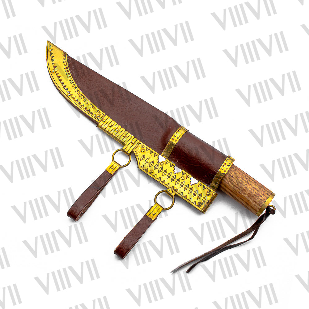 Damascus Viking Knife with Olive Wood Handle | Decorative Brass Leather Sheath for LARP & Reenactment