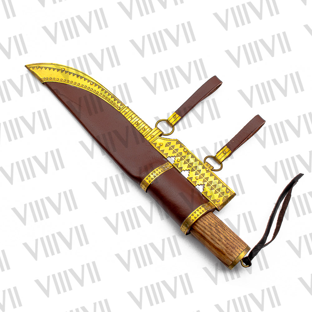Damascus Viking Knife with Olive Wood Handle | Decorative Brass Leather Sheath for LARP & Reenactment
