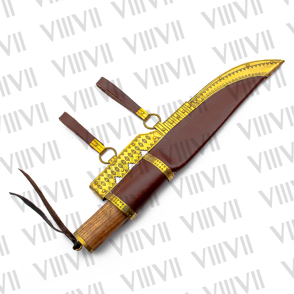 Damascus Viking Knife with Olive Wood Handle | Decorative Brass Leather Sheath for LARP & Reenactment