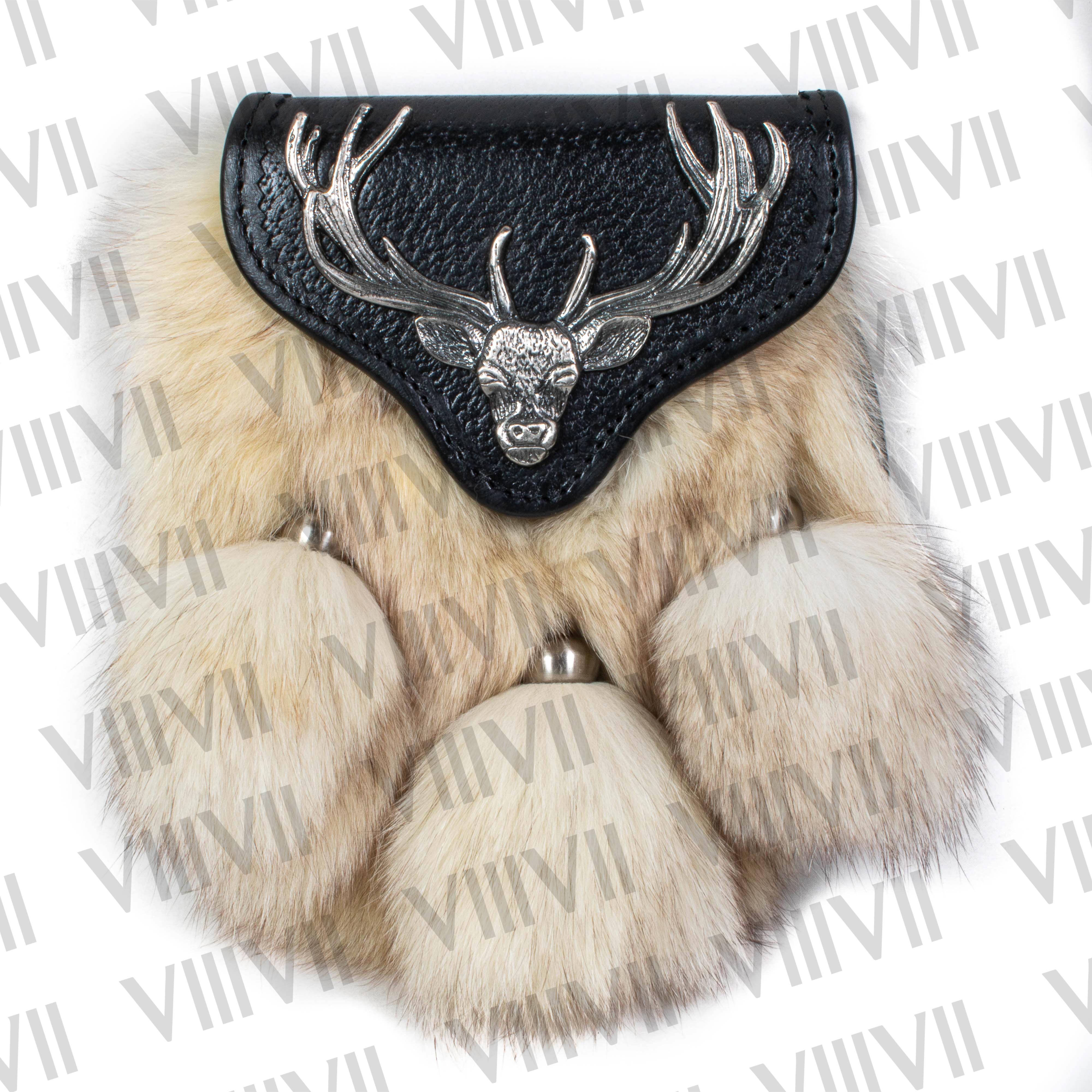 Stag Badge Sporran with White Fox Fur Handmade from Genuine Leather for Scottish Weddings, Highland Games, Parades & Clan Events