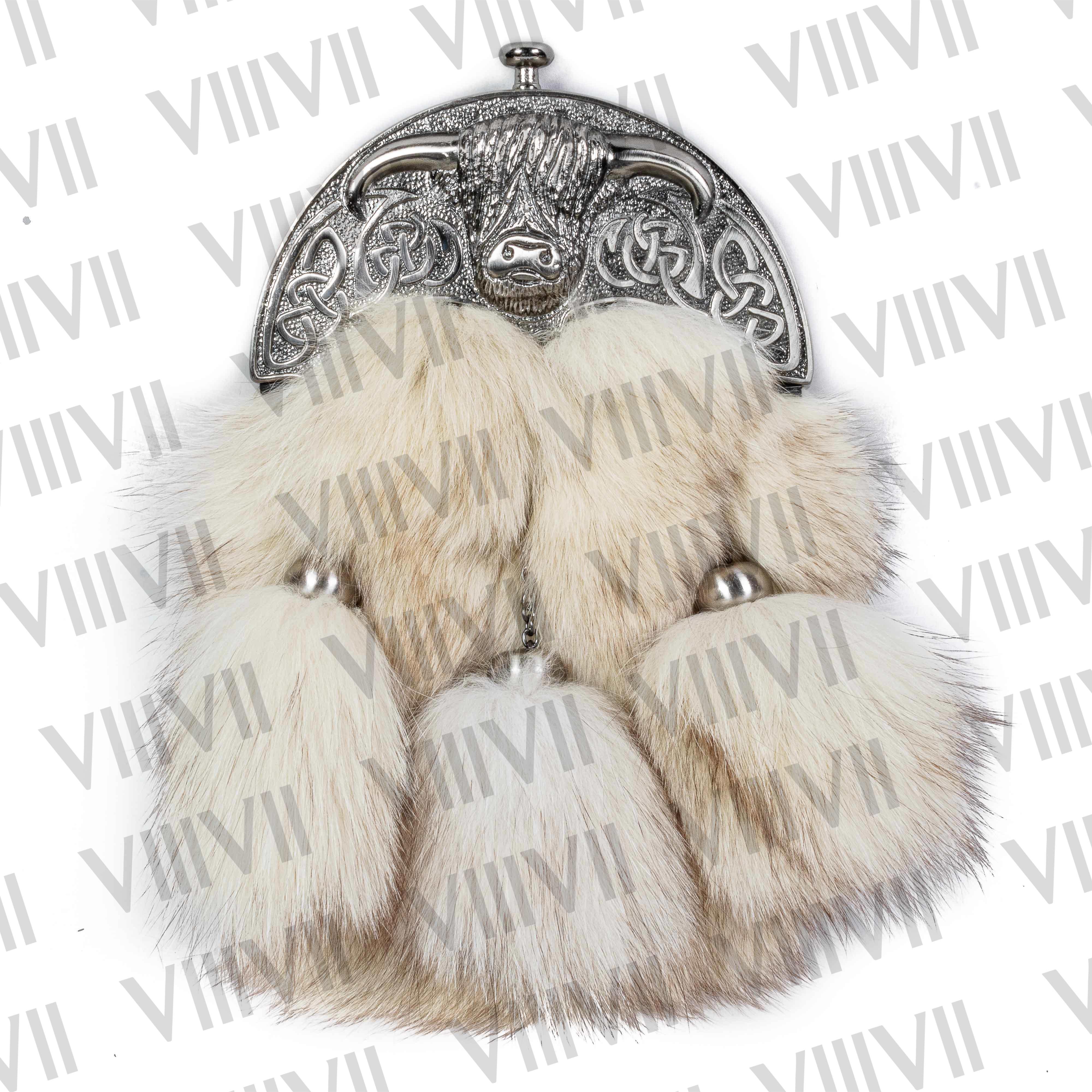 Scottish Sporran with White Fox Fur Bull Cantle and Pig Grain Leather Handmade Kilt Accessory for Weddings Highland Events and Reenactments