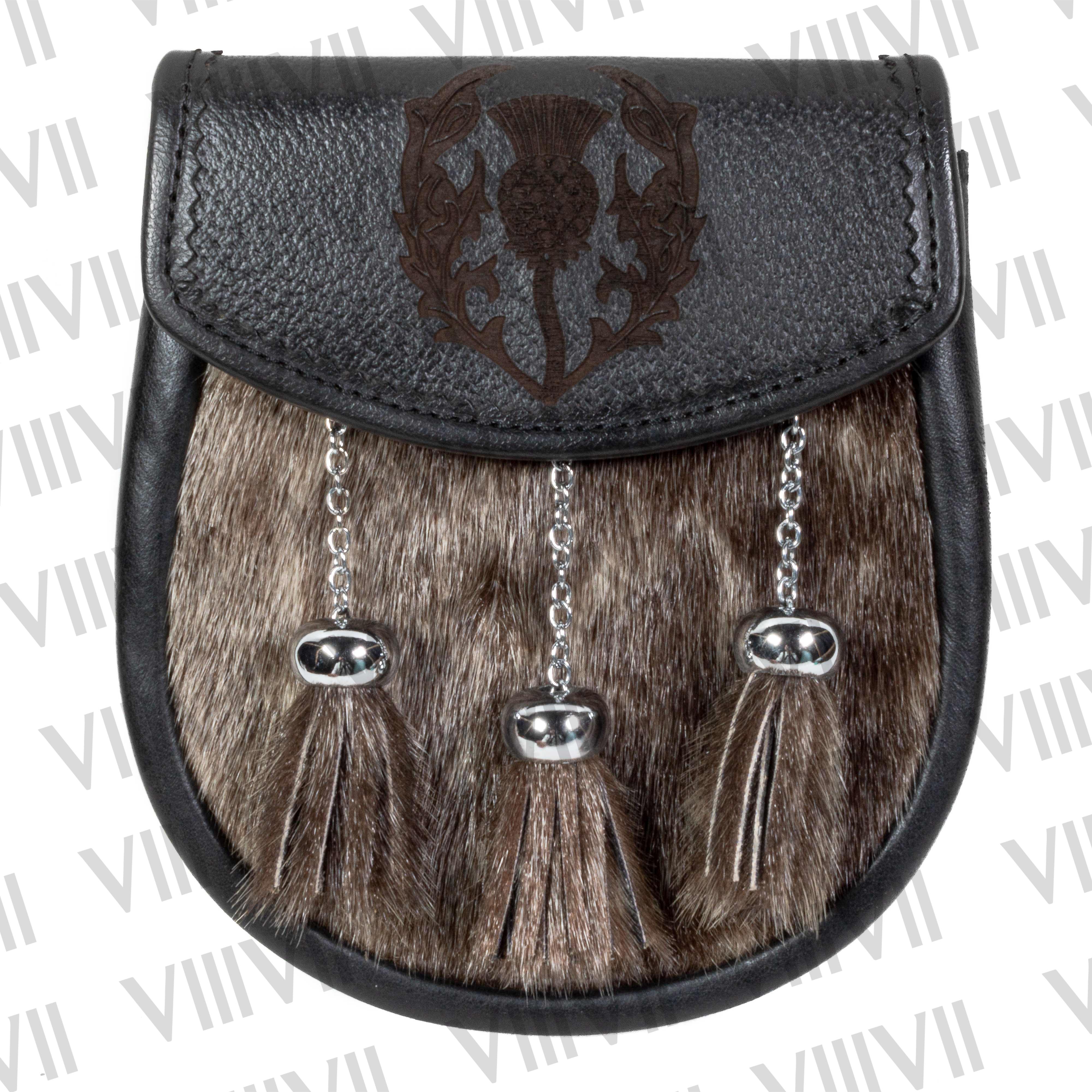 Scottish Seal Skin Sporran with Thistle Engraved Flap, Pig Grain Leather & Three Chrome Tassels Ideal for Highland Games and Events