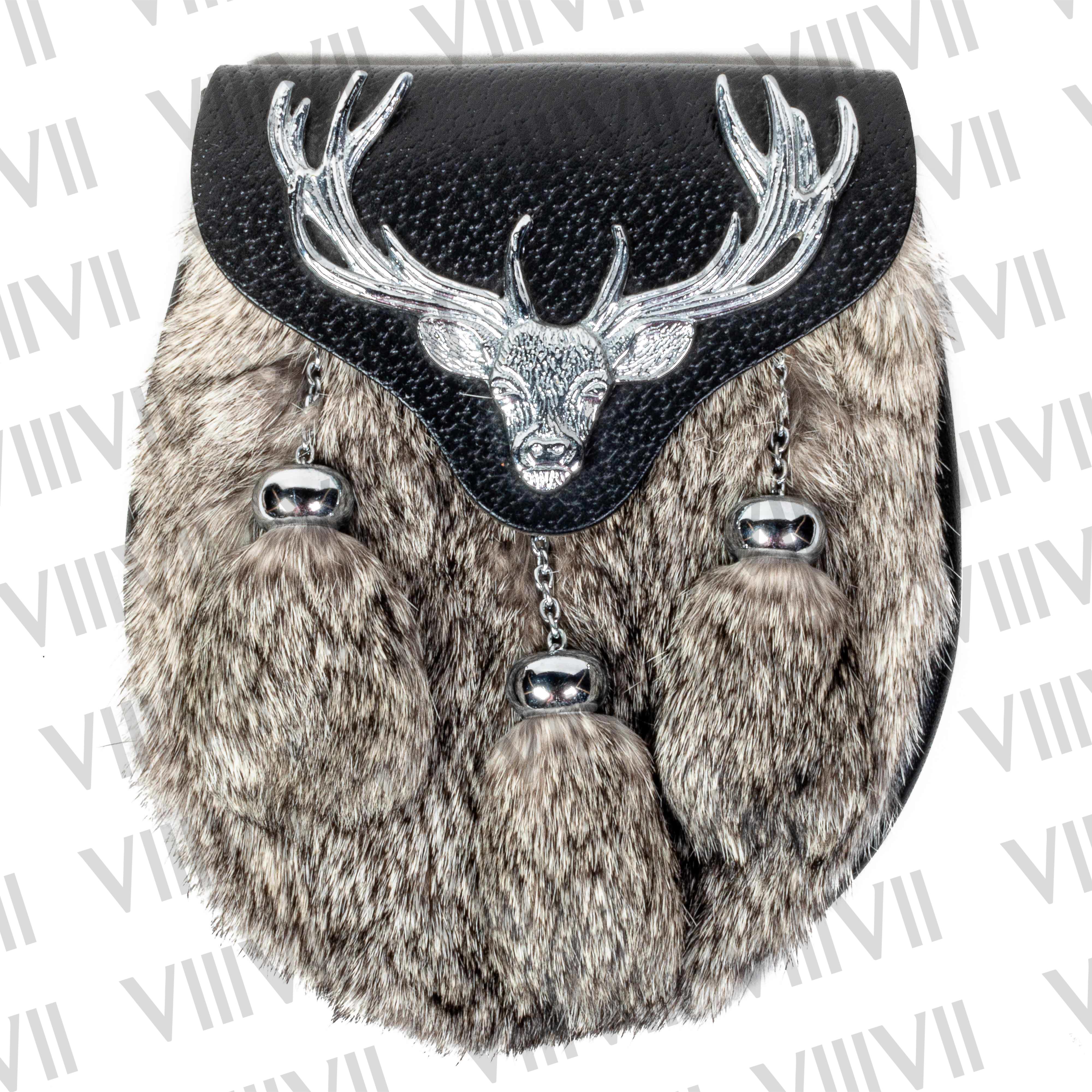 Grey rabbit fur sporran with stag badge & genuine leather Highland kilt accessories highland games Parade wedding burn nights Scottish gifts