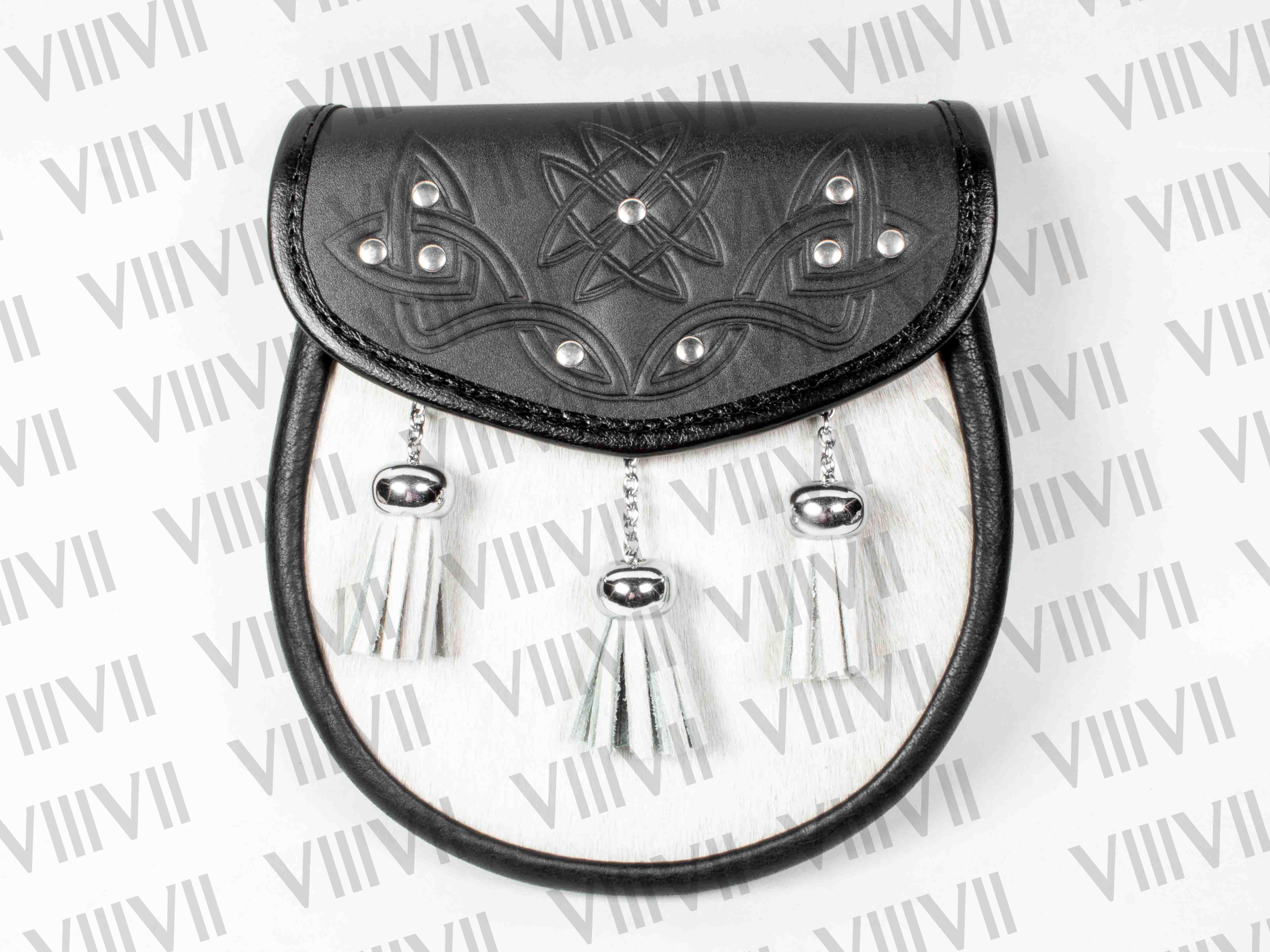 Scottish White Calf Skin and Leather Sporran with Elegant Embossed Celtic Design Handmade Highland Kilt Accessory for Events and Games