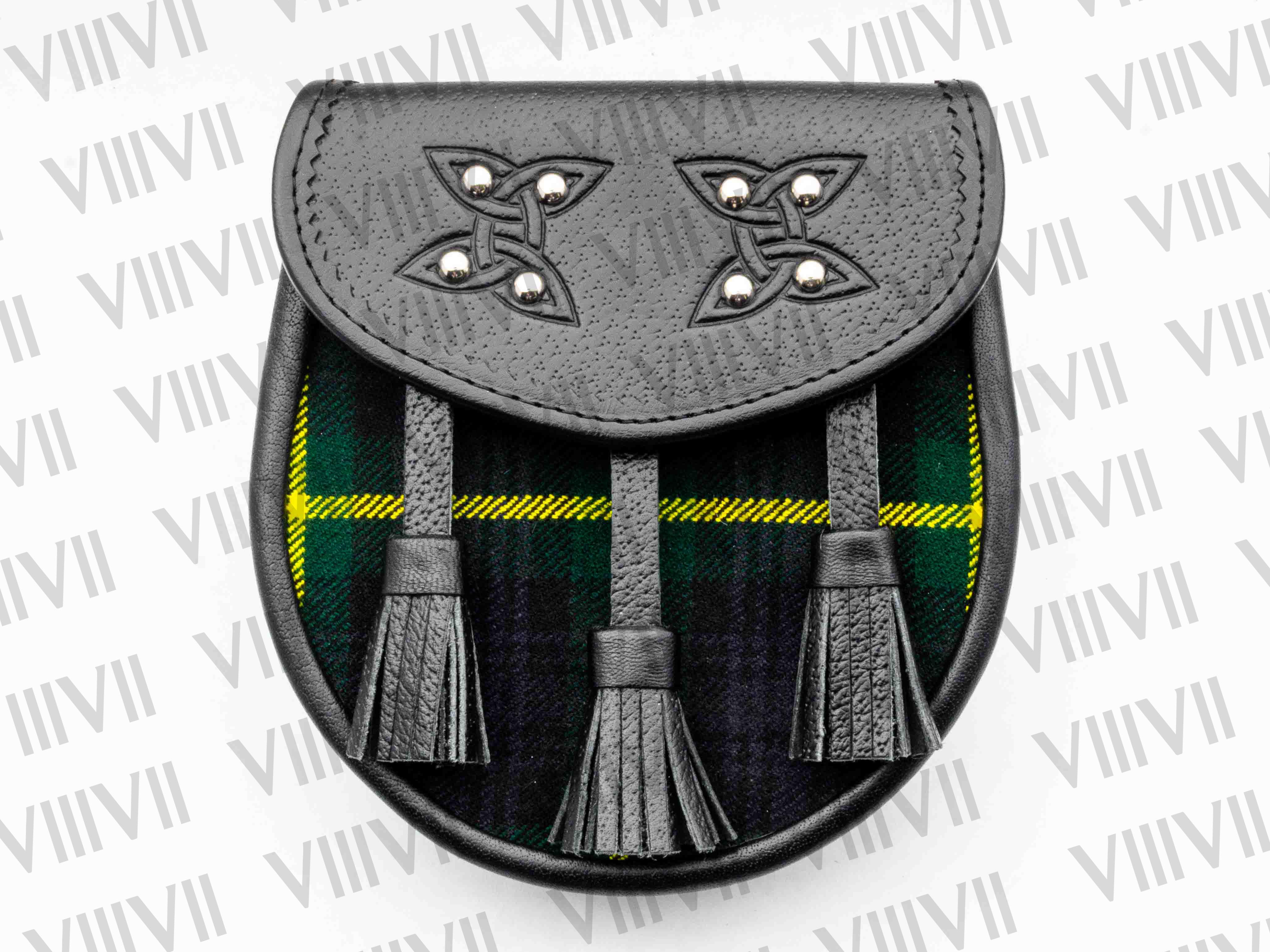 Scottish Clan Sporran Crafted from Genuine Leather and Tartan with Celtic Embossed Flap Highland Kilt Accessory for Events & Games