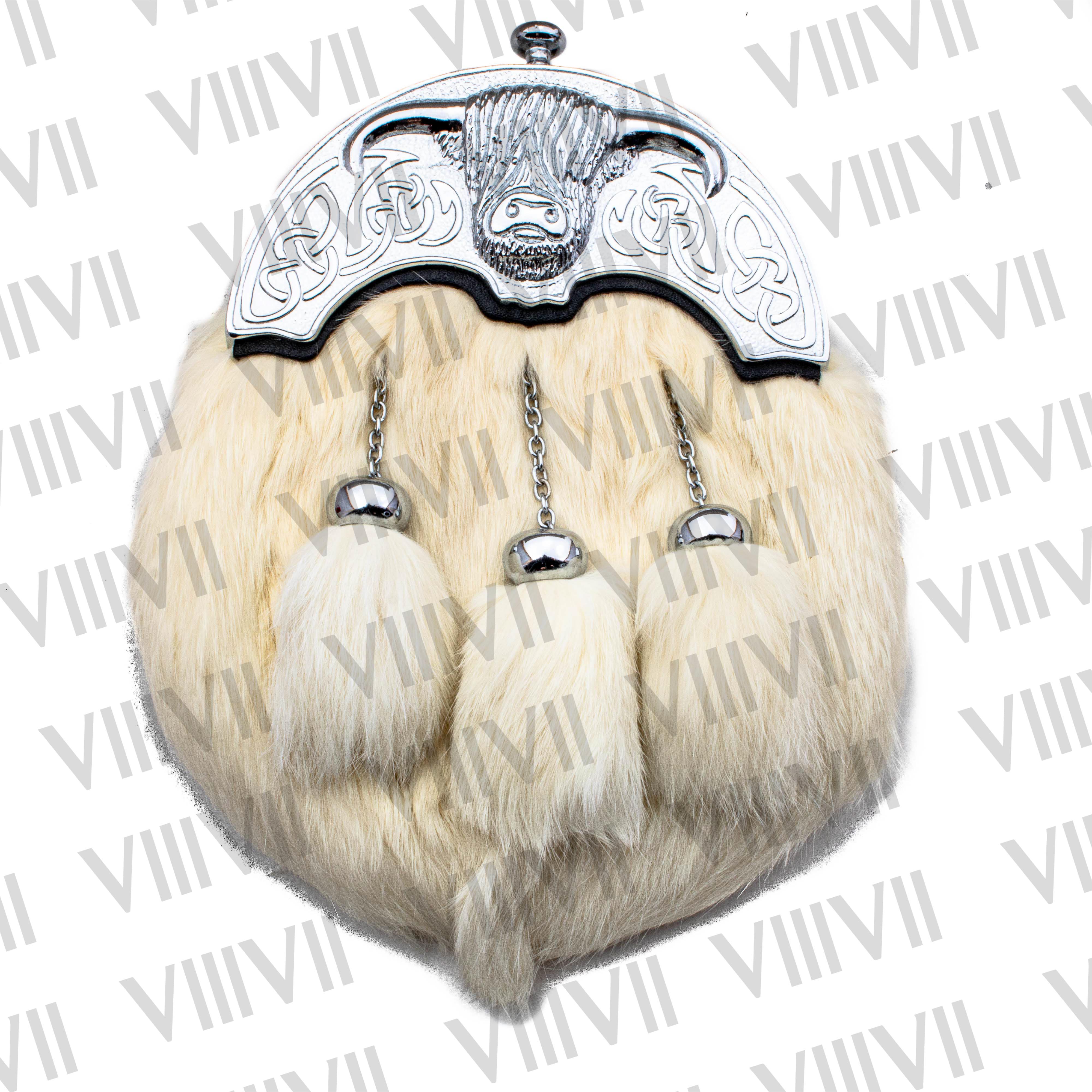 White Rabbit Fur Sporran with Chrome Bull Cantle and Genuine Leather Handmade Scottish Kilt Accessory for Highland Events and Weddings