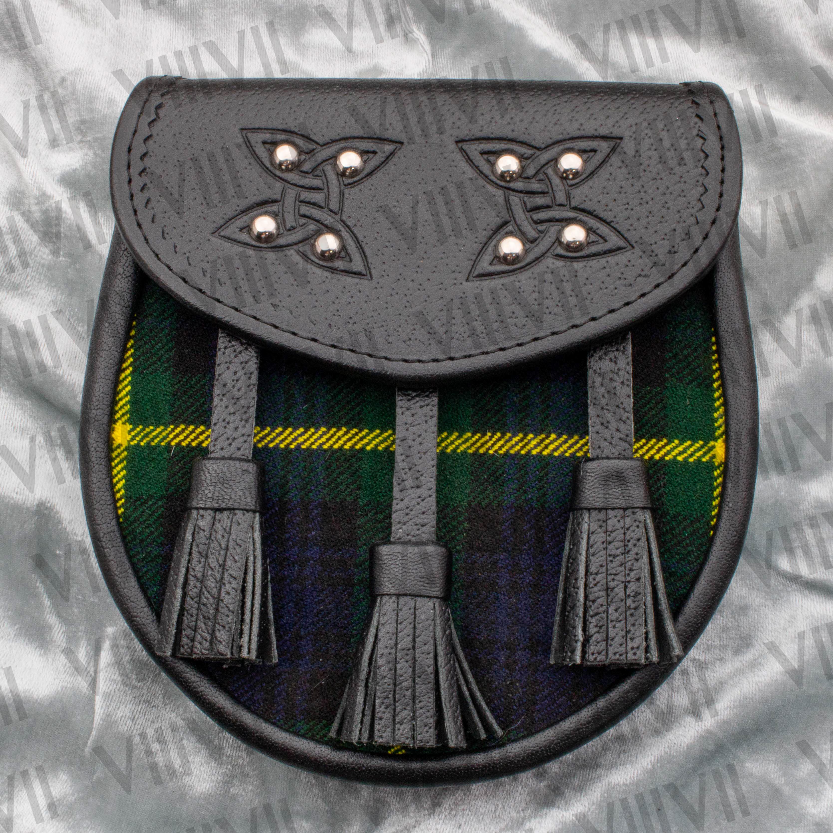 Scottish Clan Sporran Crafted from Genuine Leather and Tartan with Celtic Embossed Flap Highland Kilt Accessory for Events & Games