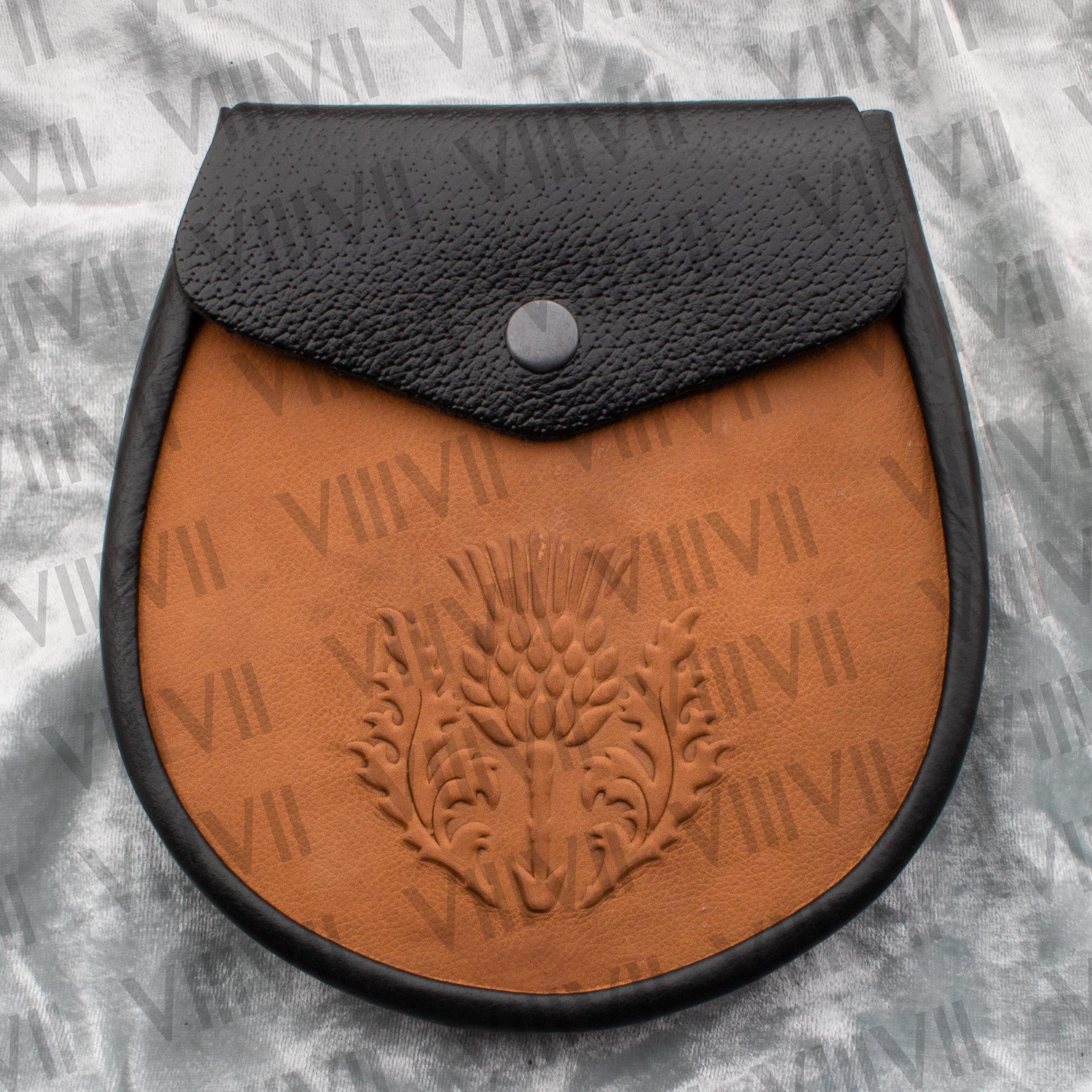 Exclusive Day Sporran with Embossed Thistle Design in Genuine Calf Skin Leather Scottish Highland Kilt Accessory for Events