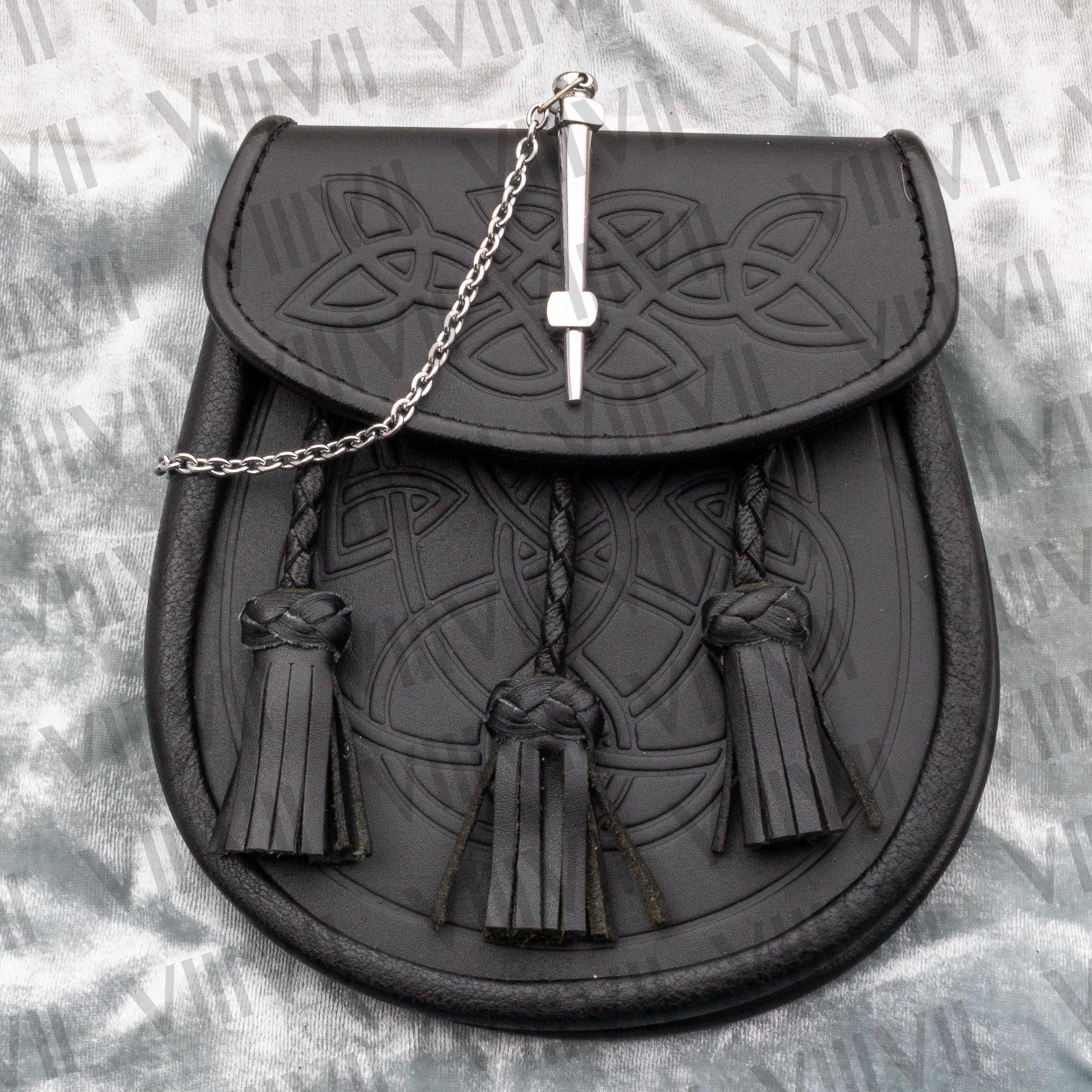 Celtic Embossed Leather Sporran Full Day Sporran for Kilt Genuine Cowhide Leather with Chrome Pin Lock Scottish Highland Accessory