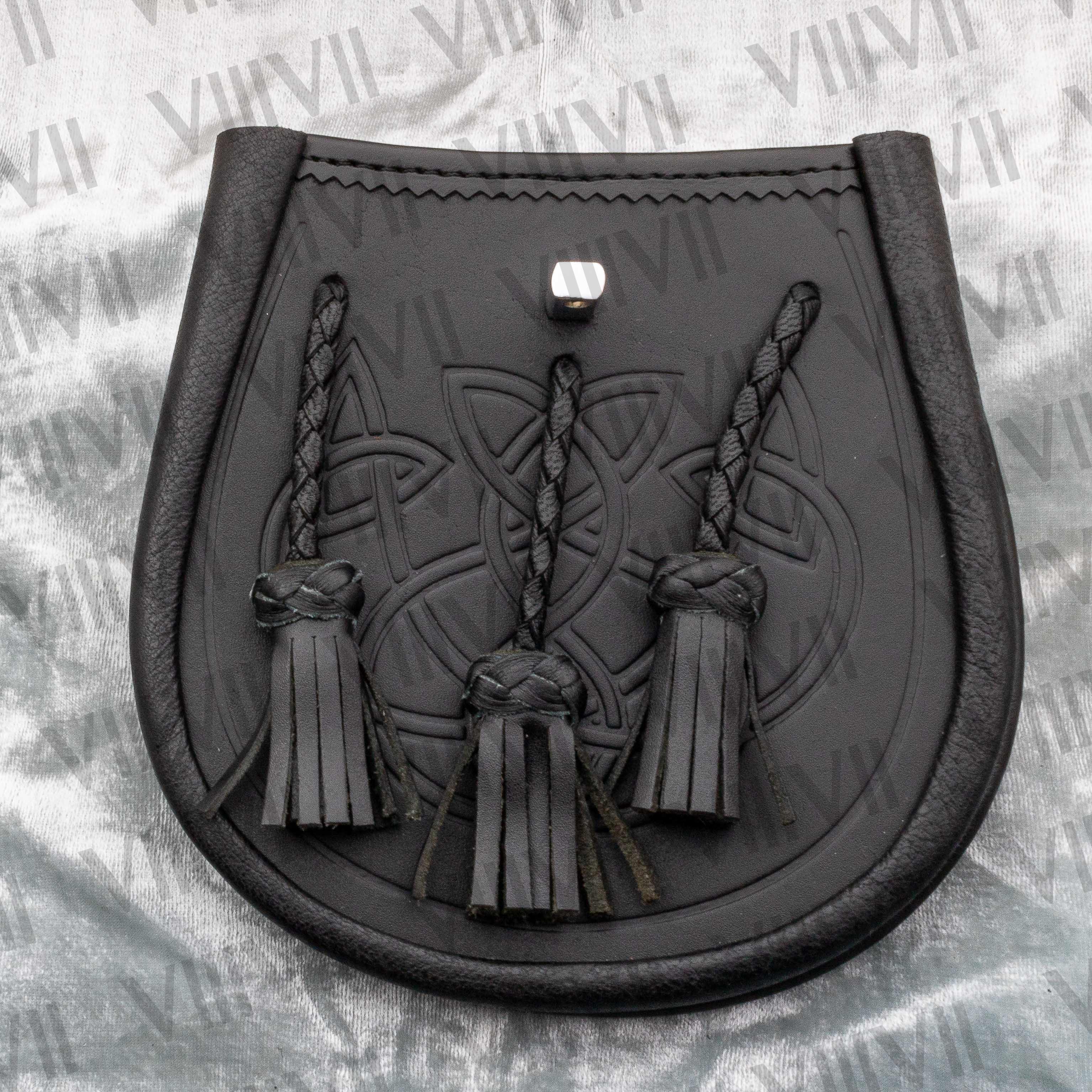 Celtic Embossed Leather Sporran Full Day Sporran for Kilt Genuine Cowhide Leather with Chrome Pin Lock Scottish Highland Accessory