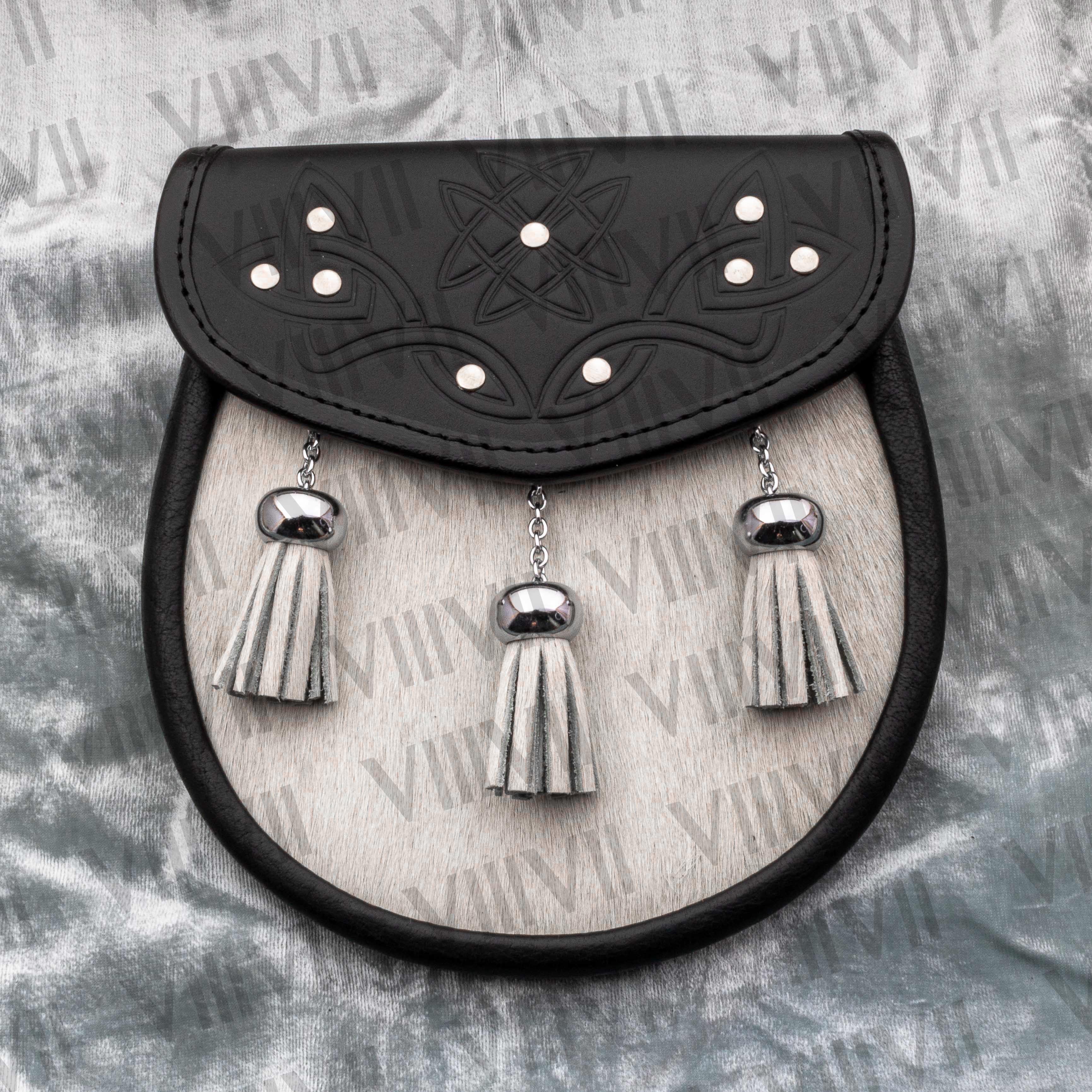 Scottish White Calf Skin and Leather Sporran with Elegant Embossed Celtic Design Handmade Highland Kilt Accessory for Events and Games
