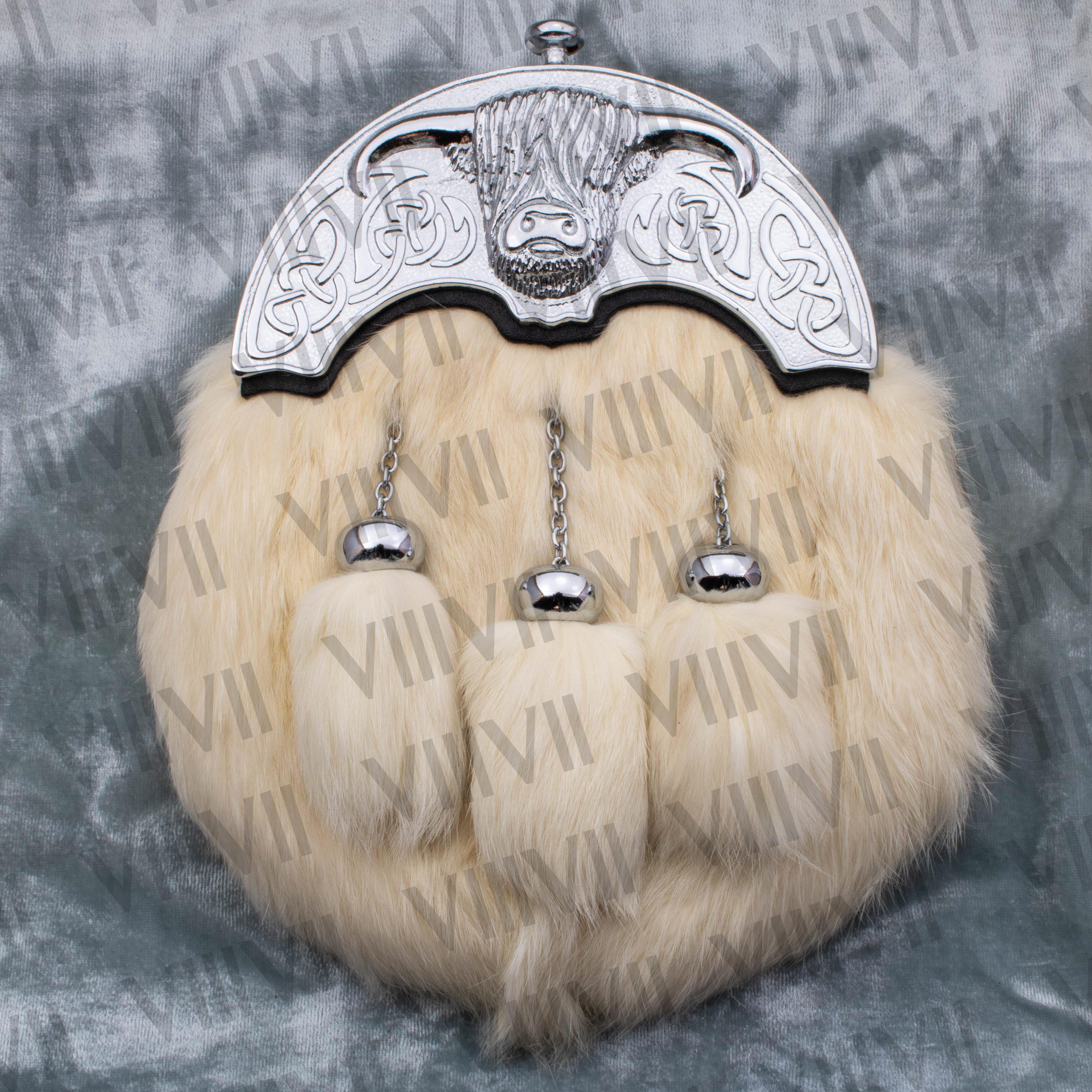 White Rabbit Fur Sporran with Chrome Bull Cantle and Genuine Leather Handmade Scottish Kilt Accessory for Highland Events and Weddings