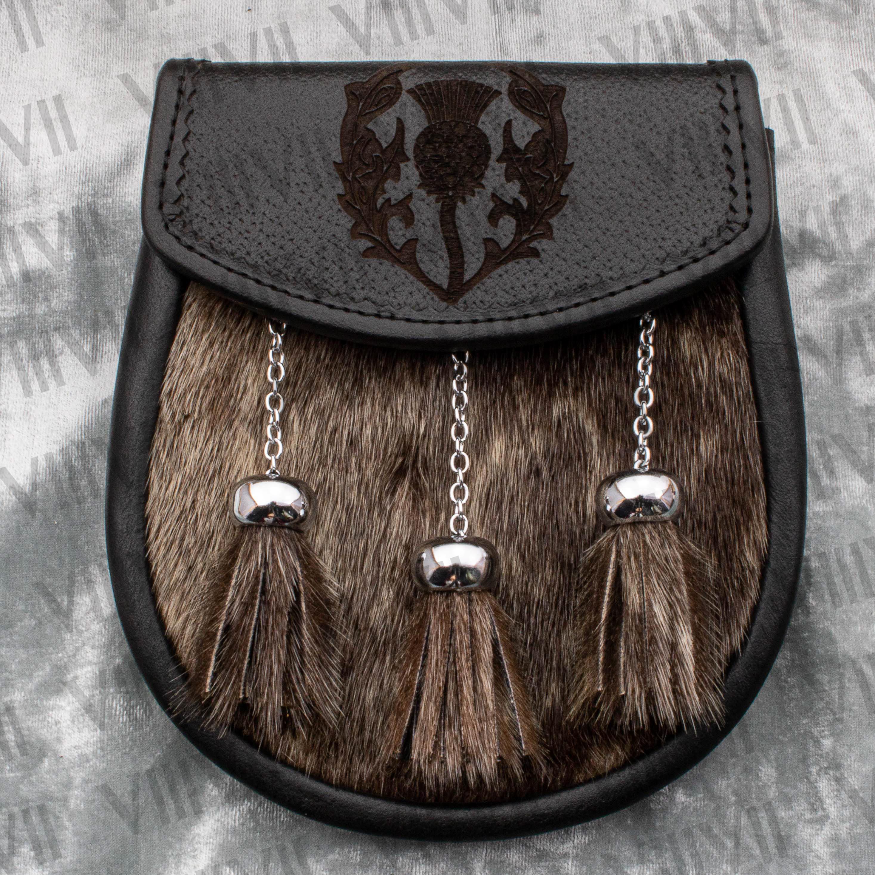 Scottish Seal Skin Sporran with Thistle Engraved Flap, Pig Grain Leather & Three Chrome Tassels Ideal for Highland Games and Events