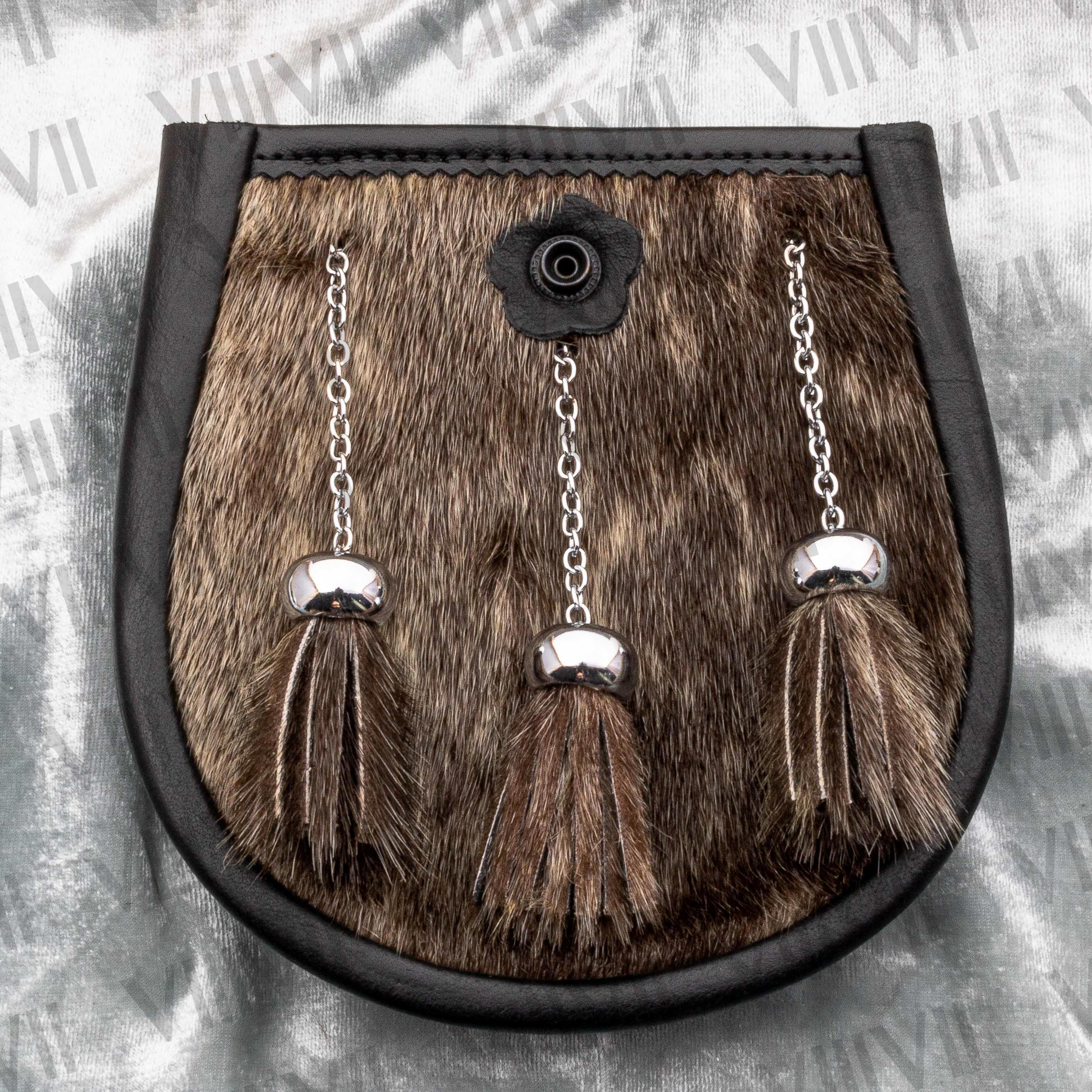Scottish Seal Skin Sporran with Thistle Engraved Flap, Pig Grain Leather & Three Chrome Tassels Ideal for Highland Games and Events