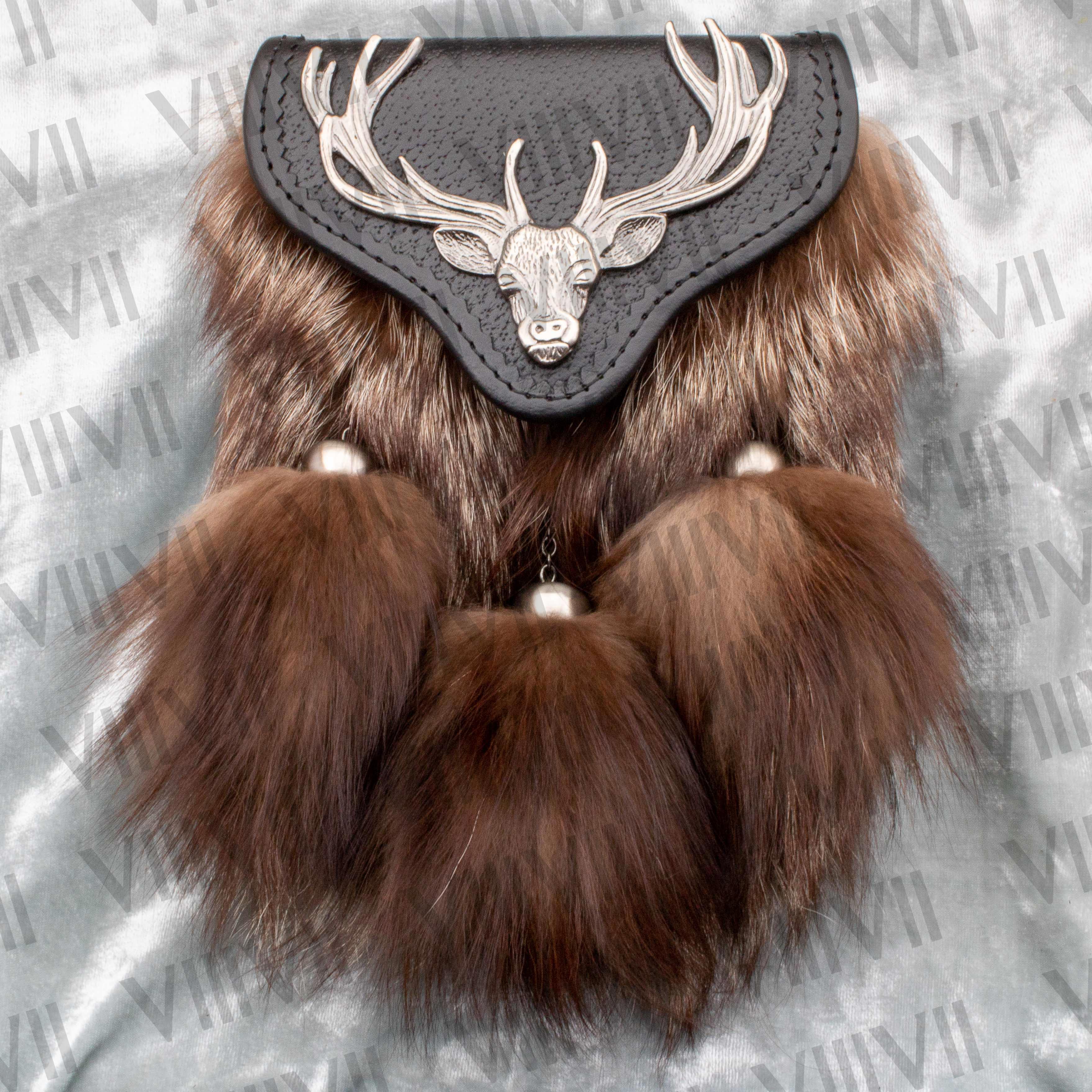 Stag Badge Genuine Leather Sporran with Brown Fox Fur Handmade Scottish Kilt Accessory Highland Games Weddings Burns Night