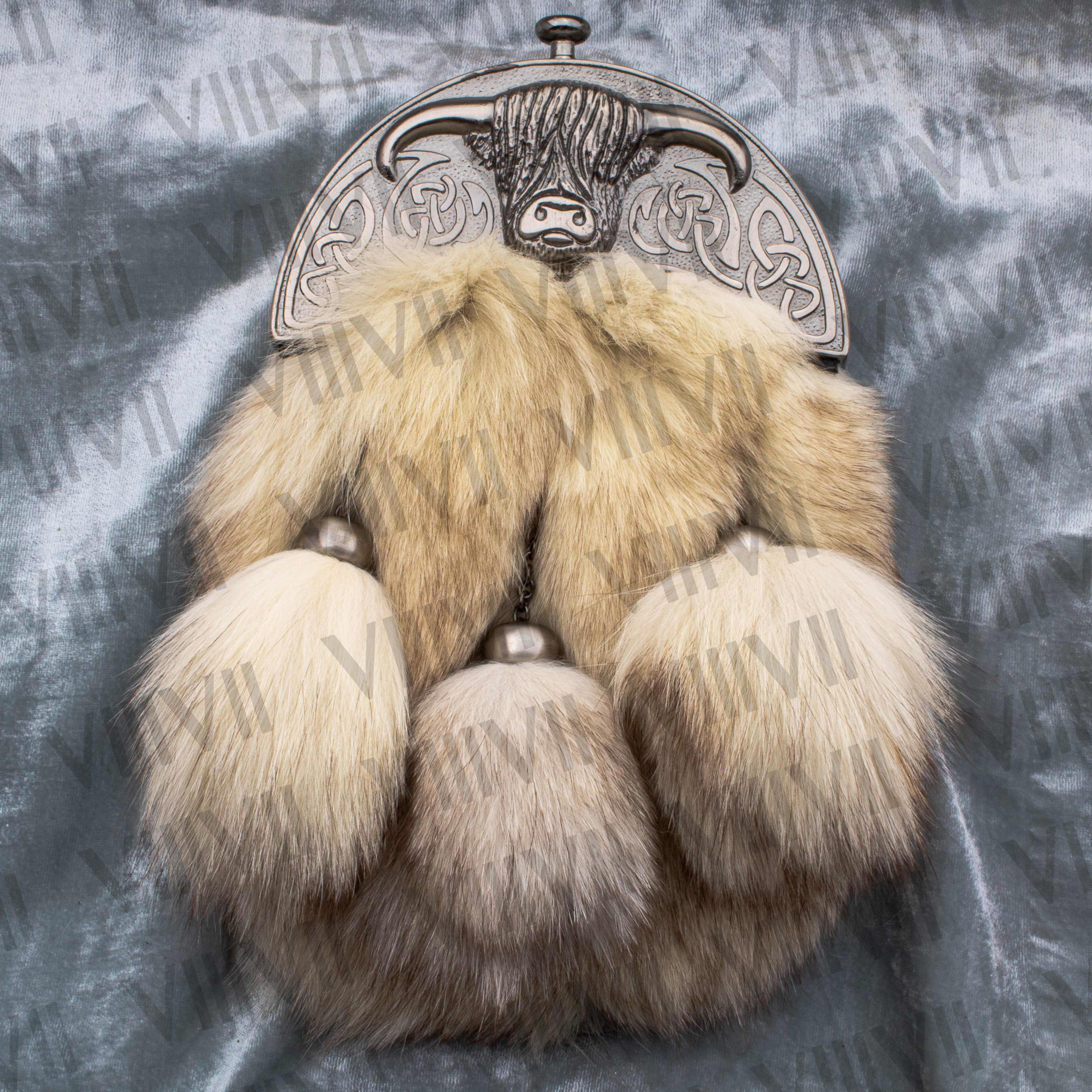 Scottish Sporran with White Fox Fur Bull Cantle and Pig Grain Leather Handmade Kilt Accessory for Weddings Highland Events and Reenactments