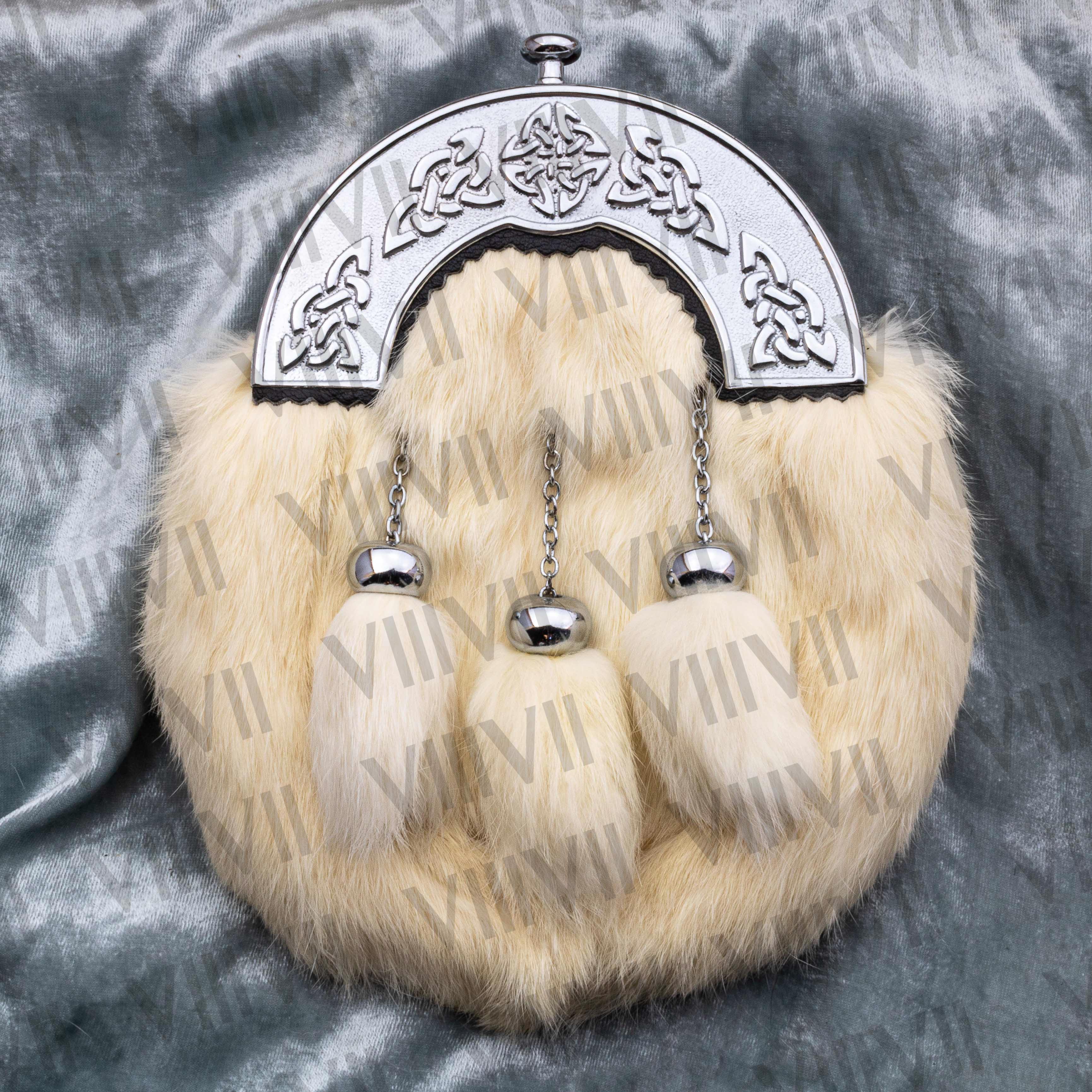 White Rabbit Fur Sporran with pewter Celtic Cantle and Genuine Leather Handmade Scottish Kilt Accessory Weddings and Highland Events gift