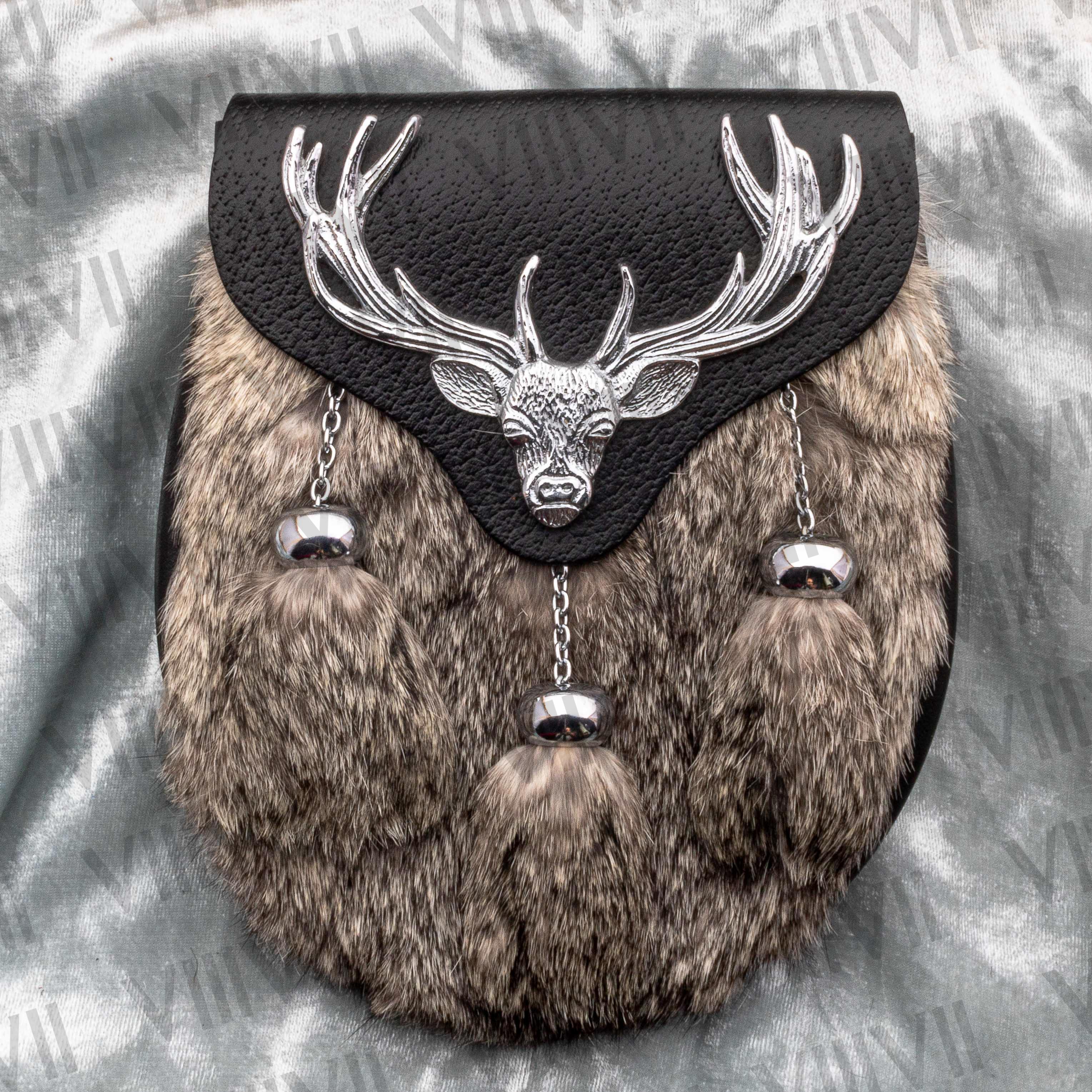 Grey rabbit fur sporran with stag badge & genuine leather Highland kilt accessories highland games Parade wedding burn nights Scottish gifts