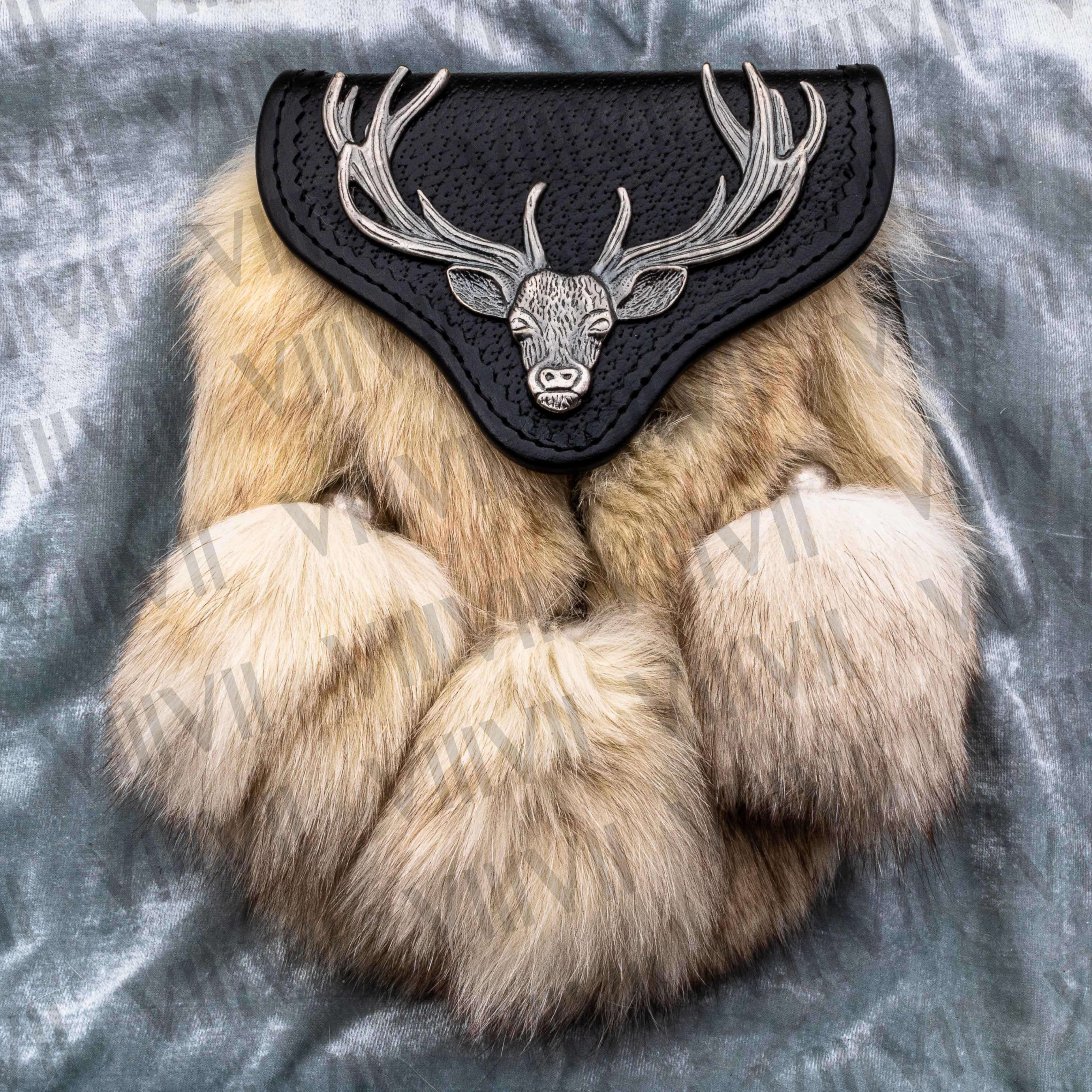 Stag Badge Sporran with White Fox Fur Handmade from Genuine Leather for Scottish Weddings, Highland Games, Parades & Clan Events