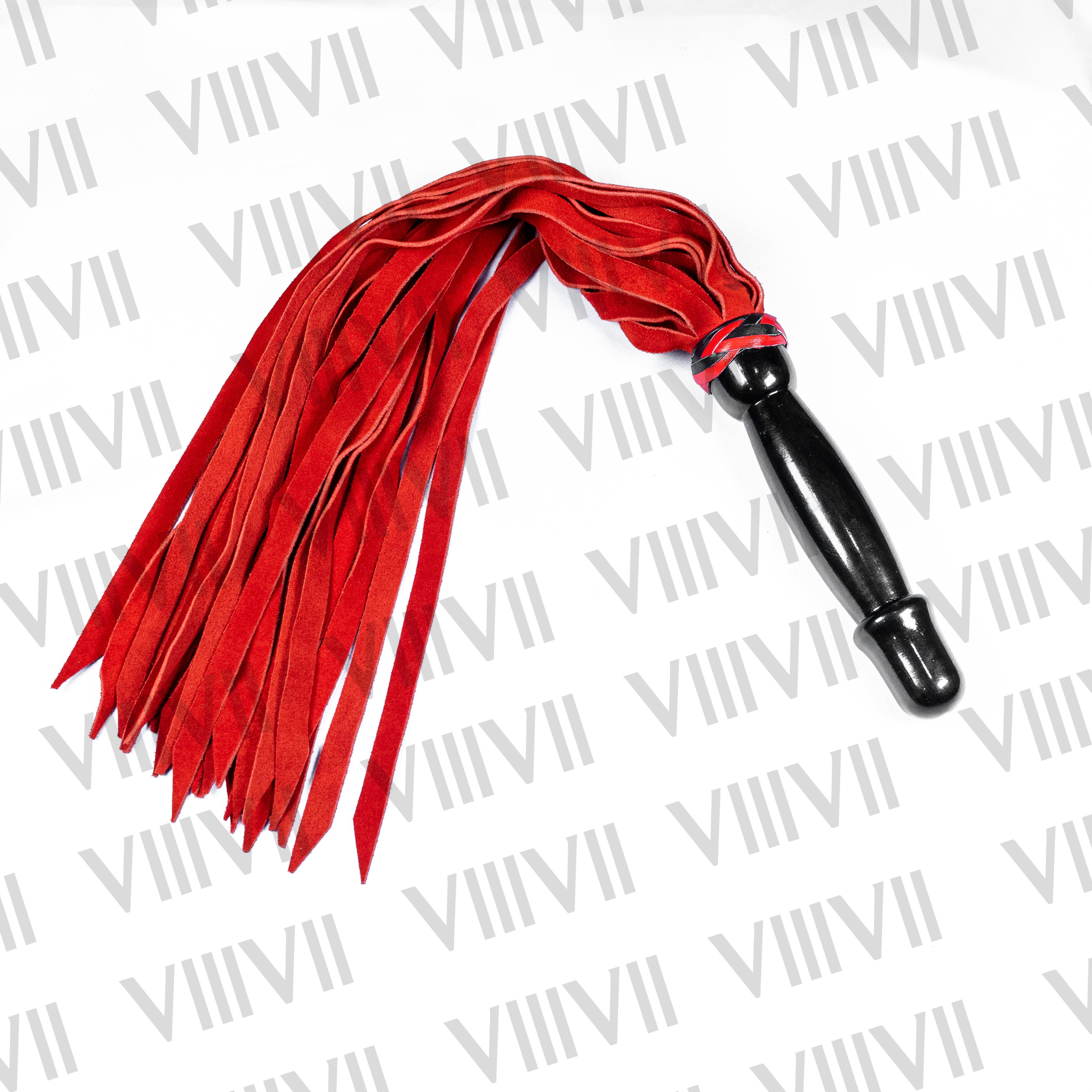 Genuine Suede Leather Flogger with Wooden Handle Heavy Duty 25 Tails, 19” Falls – Red Impact Toy, BDSM Gear