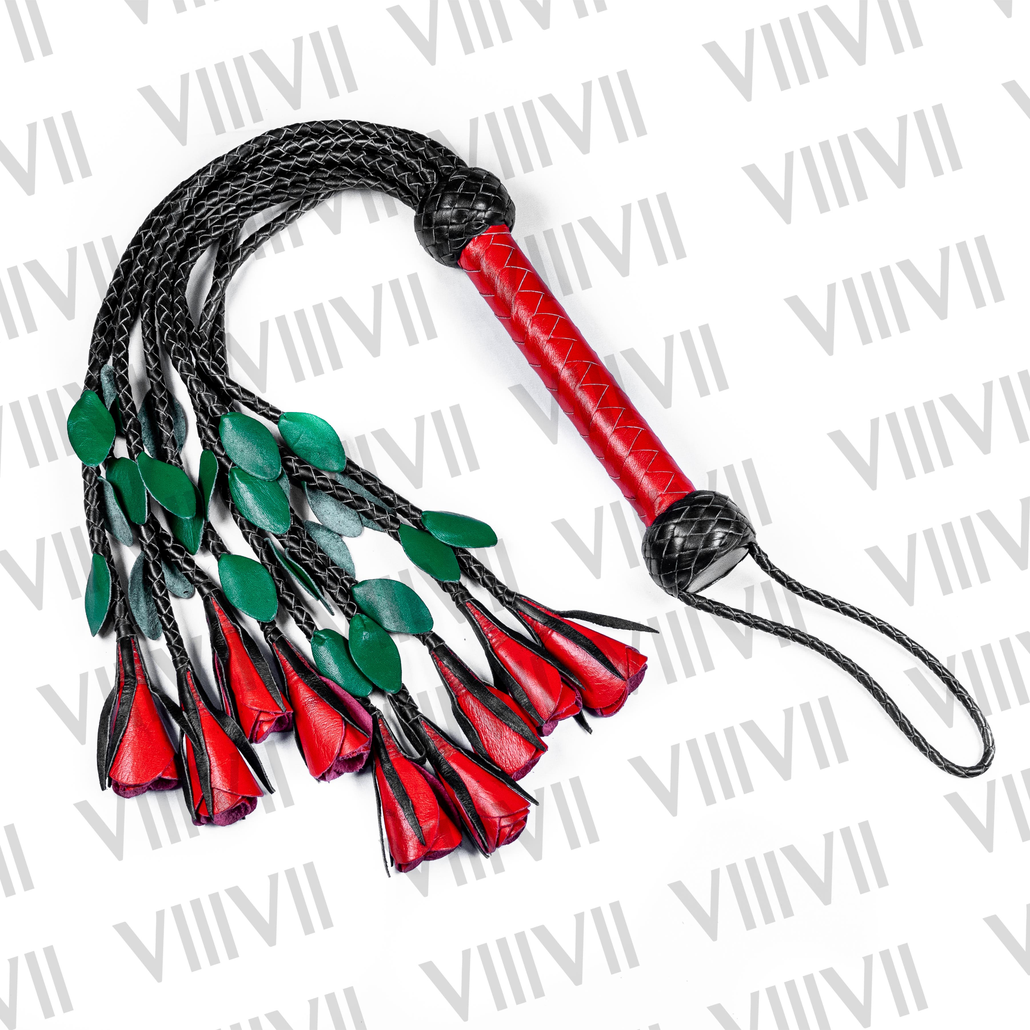 Genuine Cowhide Leather Flower Flogger 9 Braided Falls Red, green and Black Heavy Duty BDSM Impact Toy