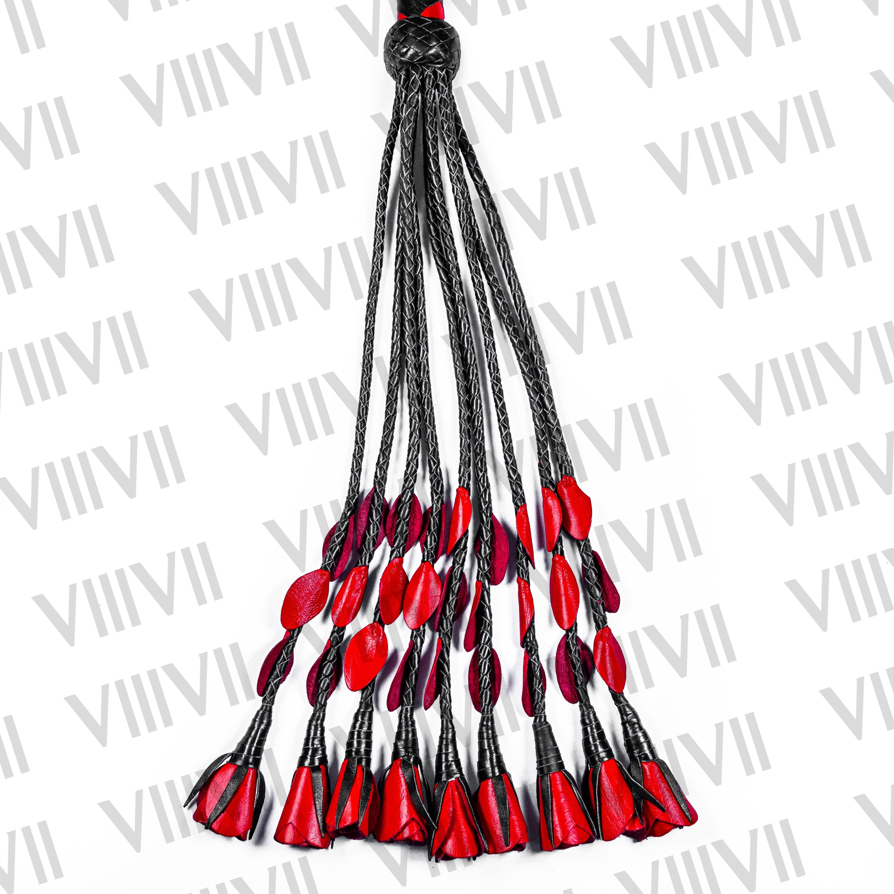 Genuine Cowhide Leather Flower Flogger 9 Braided Falls Red and Black Heavy Duty BDSM Impact Toy