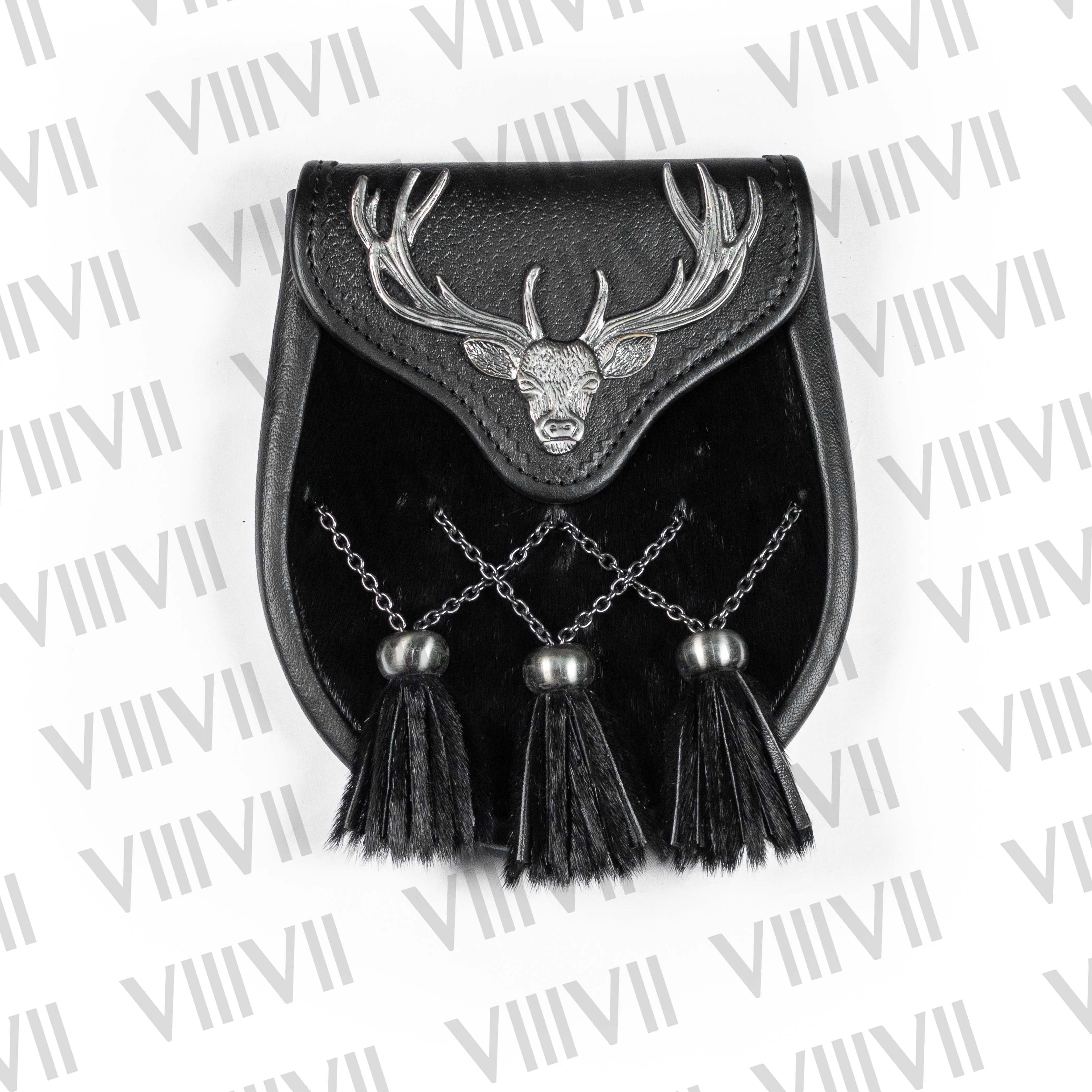Black Seal Skin Sporran with Stag Badge 3 Cross Chain Tassels Scottish Kilt Sporran for Highland Games, Weddings & Clan Ceremonial Wear