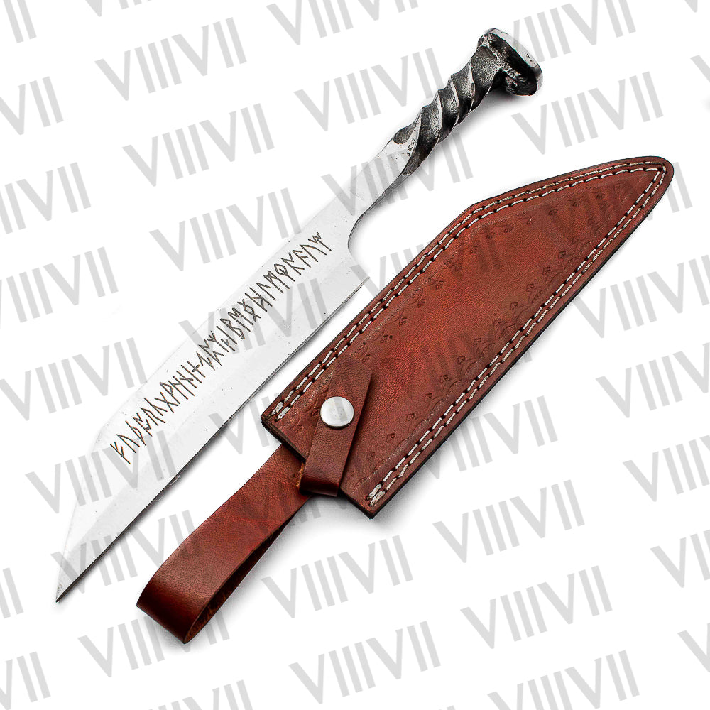Hand Forged Viking Seax Knife | Railroad Steel Blade with Engraving & Leather Sheath | Unique Gift for Him