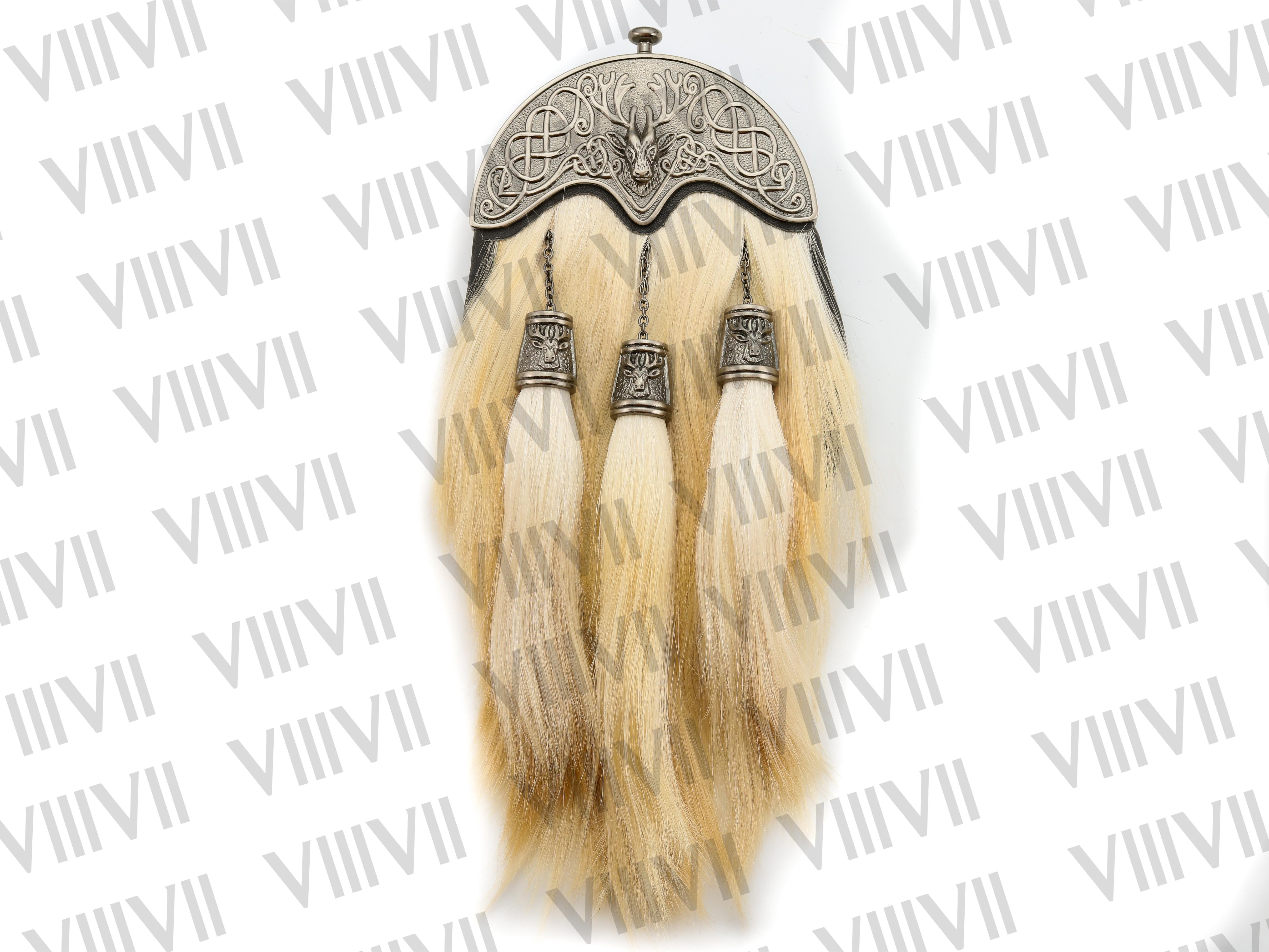 Scottish Goat Hair Sporran with Celtic Stag Antique Pewter Cantle Crafted in Genuine Leather Traditional Scottish Accessory