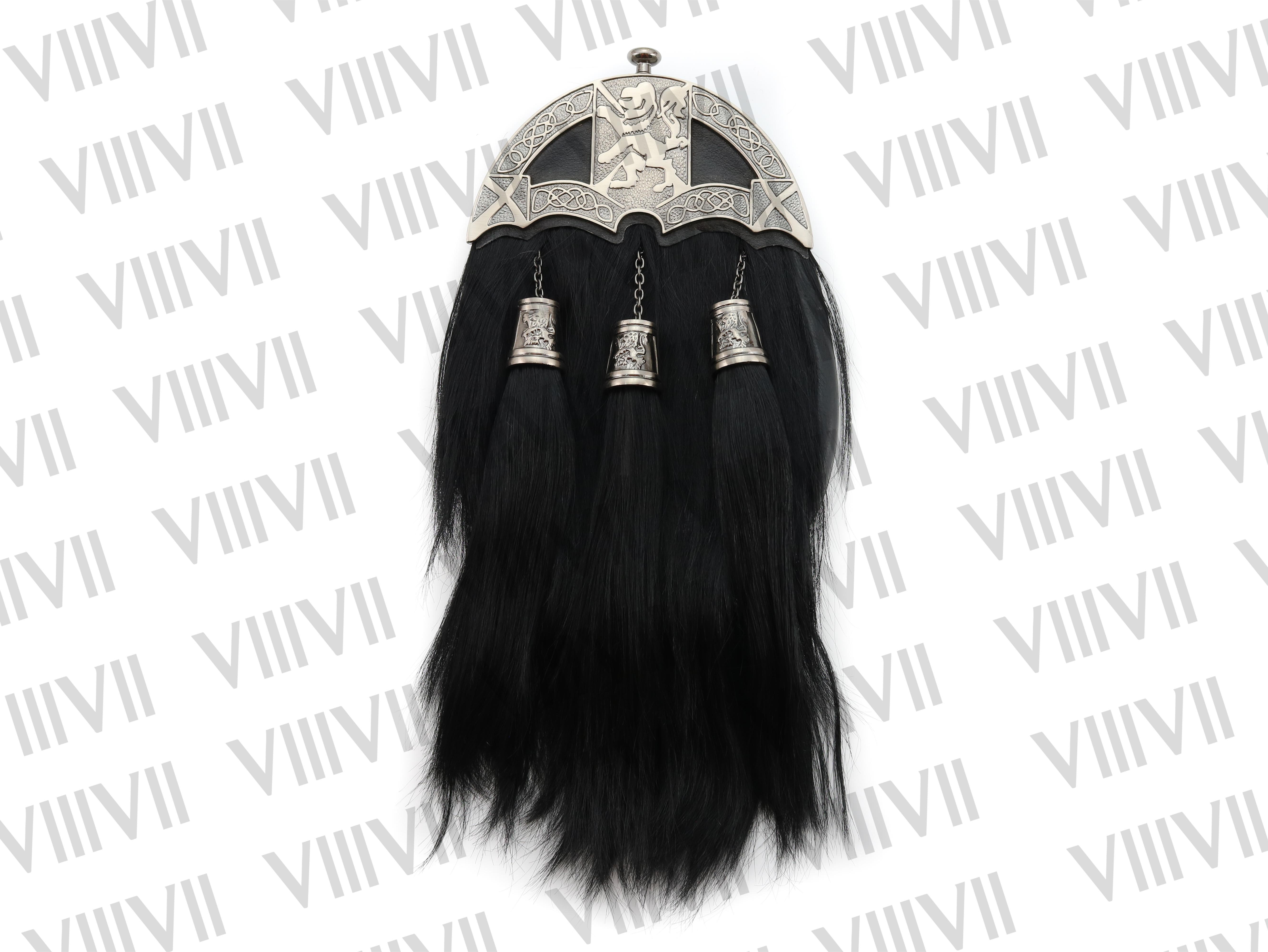 Full Dress Scottish Sporran Lion Rampant Antique Pewter Cantle with Black Scottish Bull Hair Kilt Accessory Traditional Highland Gift