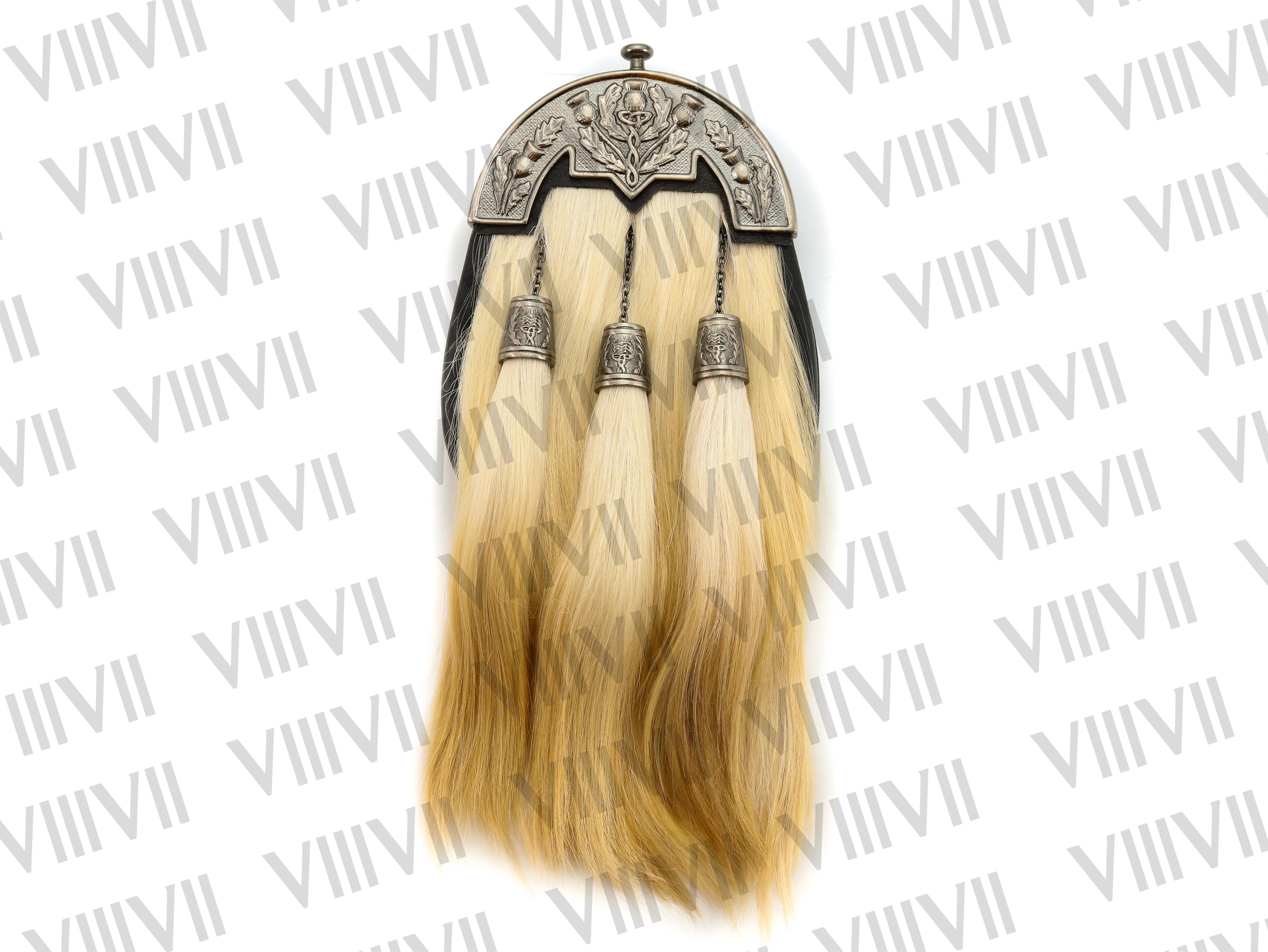 Scottish Sporran for Bag Piper Military Band Antique Thistle Pewter Cantle with Scottish Goat Hair Kilt Accessory, Traditional Highland Gift