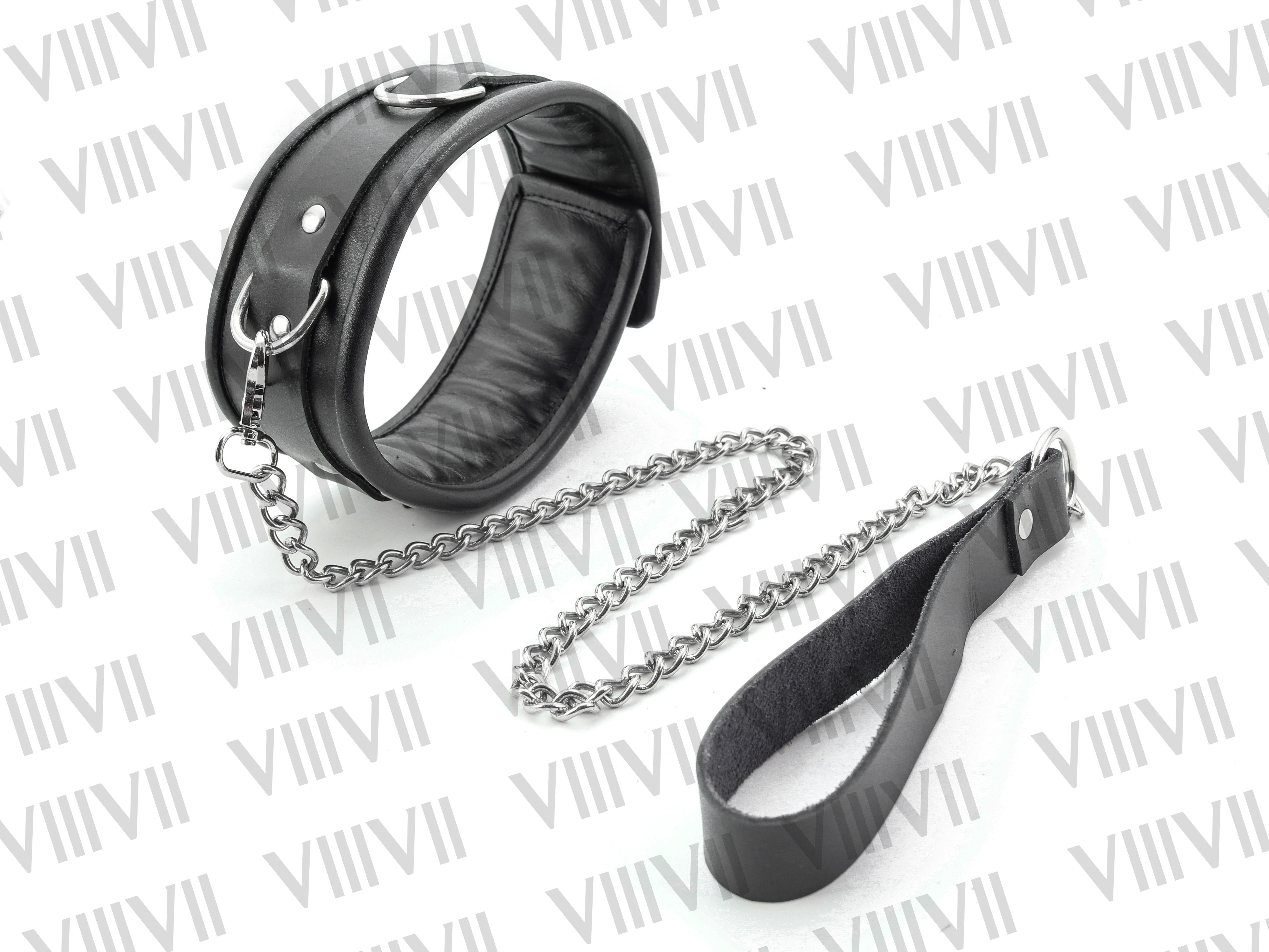 Genuine Leather BDSM Collar, Padded Bondage Choker with Chain, Submissive Collar for Roleplay, Adjustable & Comfortable Leather Choker