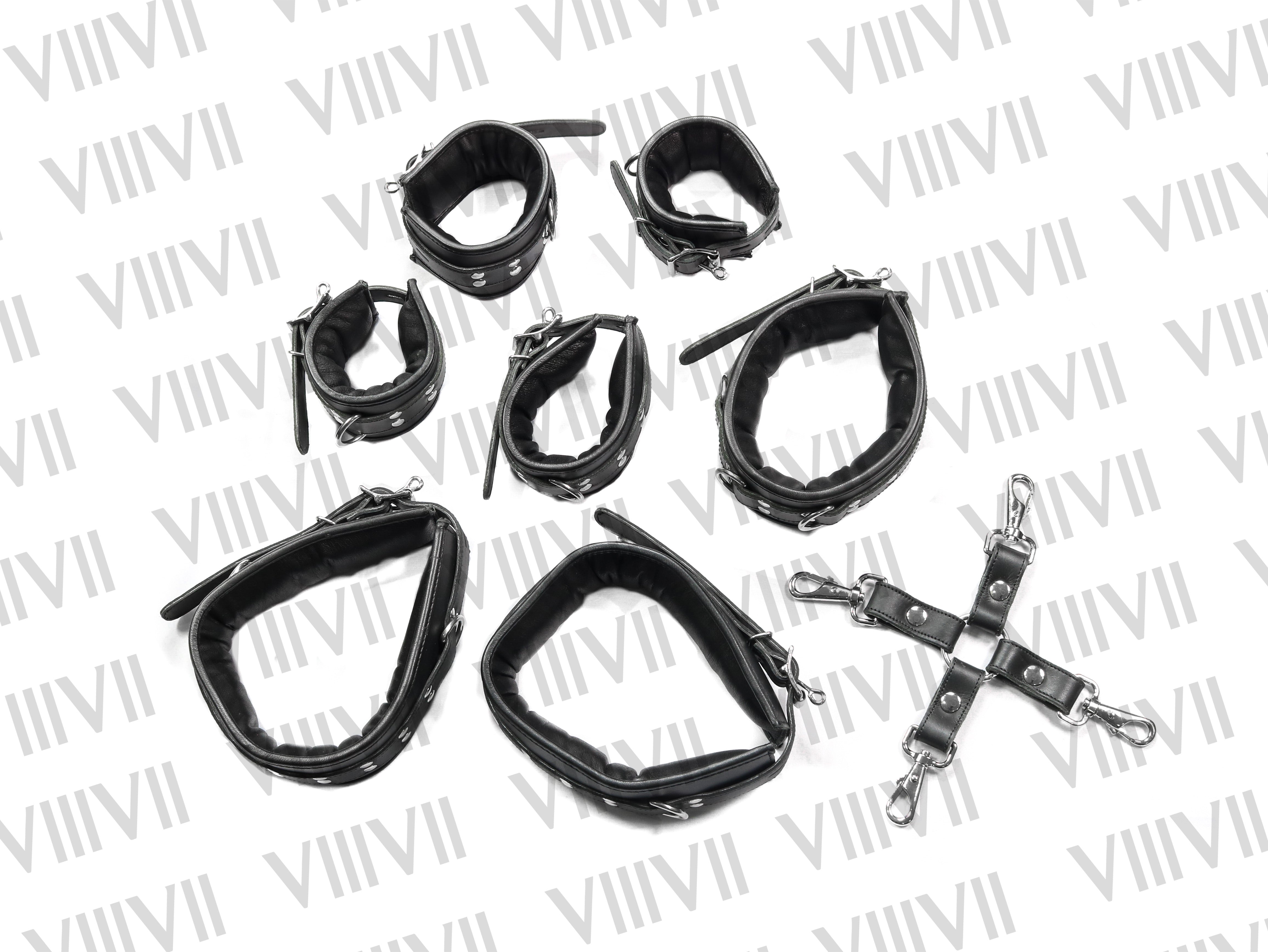 7 Piece Heavy Duty Genuine Leather Bondage Restraint Set, Padded BDSM Fetish Restraints for Gay Roleplay & Submissive Play
