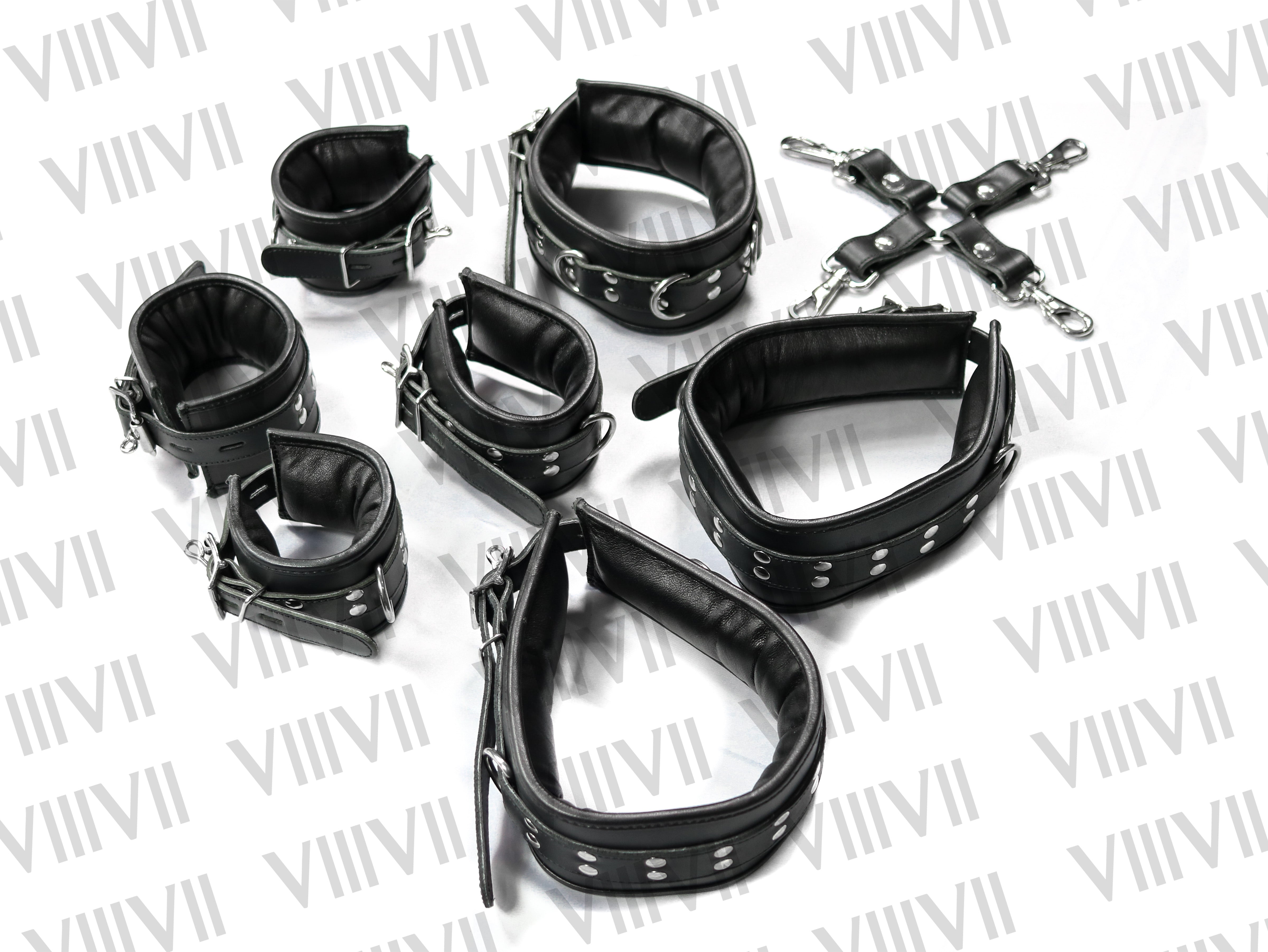 7 Piece Heavy Duty Genuine Leather Bondage Restraint Set, Padded BDSM Fetish Restraints for Gay Roleplay & Submissive Play