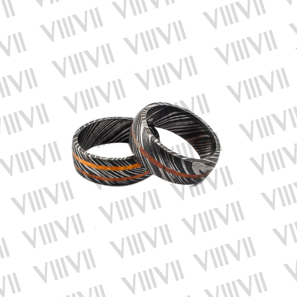 Damascus steel ring with double copper band infused comes in rosewood gift box