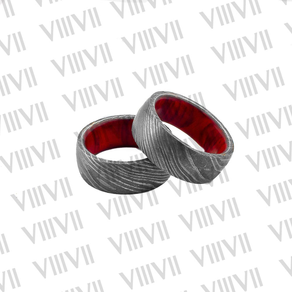 Forge Damascus ring Men's Wedding Band with an exquisite pattern and Red colored