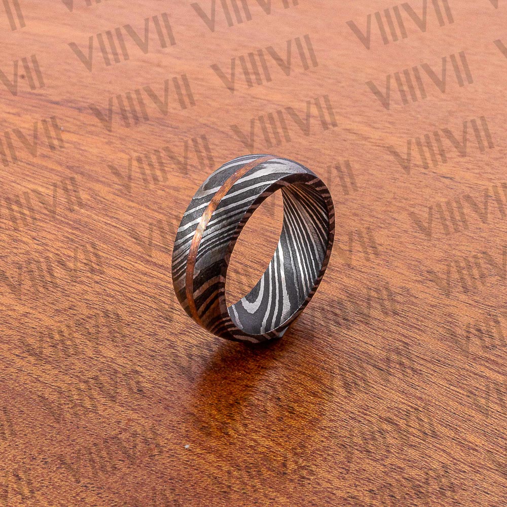 Handmade Damascus Steel Ring. Copper Inlay