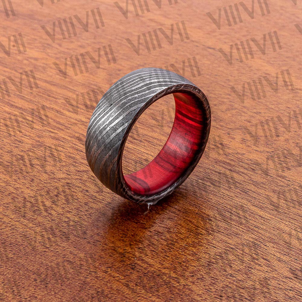Forge Damascus ring Men's Wedding Band with an exquisite pattern and Red colored