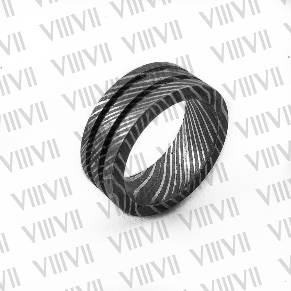 Damascus Steel ring with two grooves. Real Damascus steel