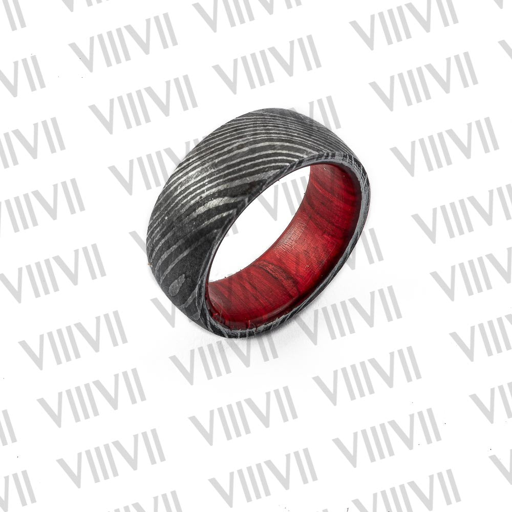 Forge Damascus ring Men's Wedding Band with an exquisite pattern and Red colored